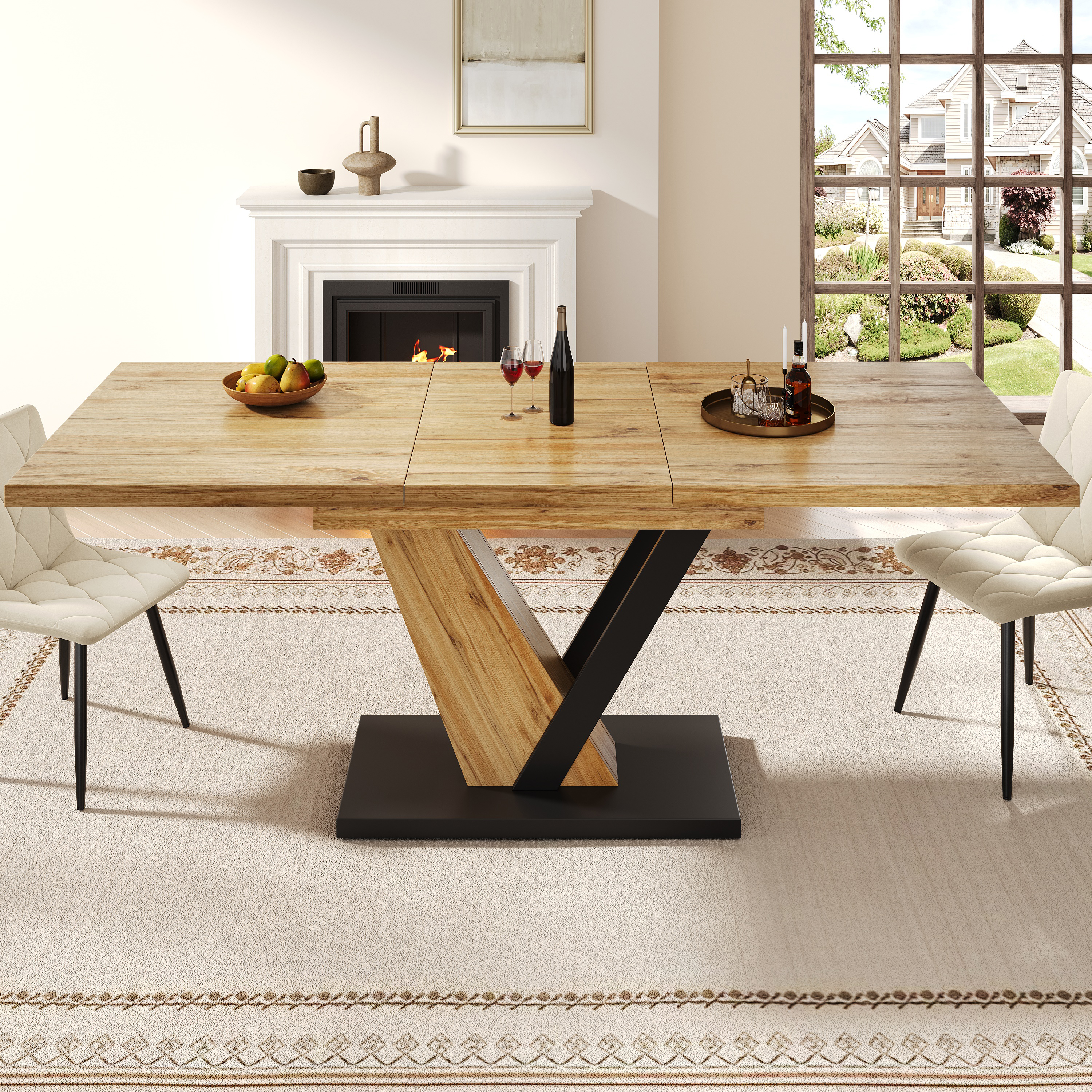 Table a Manger Extensible (120-160×75×75,5cm),design extérieur à grain de bois,Table de Cuisine 6/8 Personnes,Pour cuisines et salons,Naturelle+Noir - 2