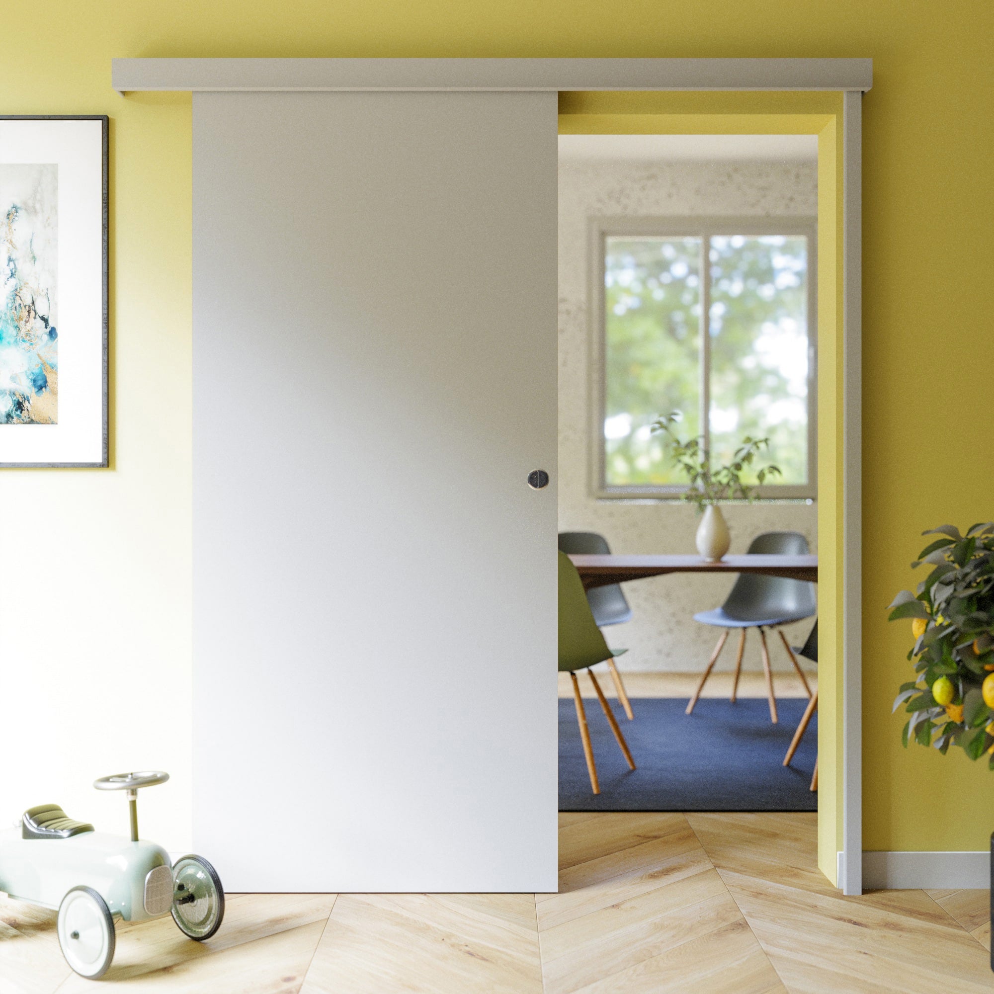 Porte Coulissante avec Rail - Prépeinte Plane 93 cm - Avec butée - 3