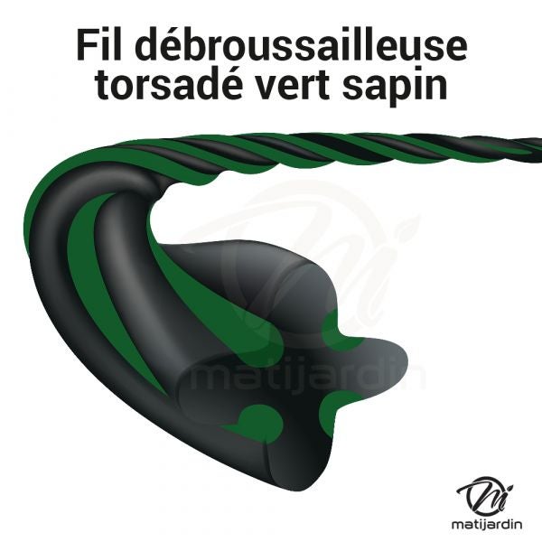Fil débroussailleuse nylon 2,4 mm x 43 m. Torsadé vert sapin. Blister - 3