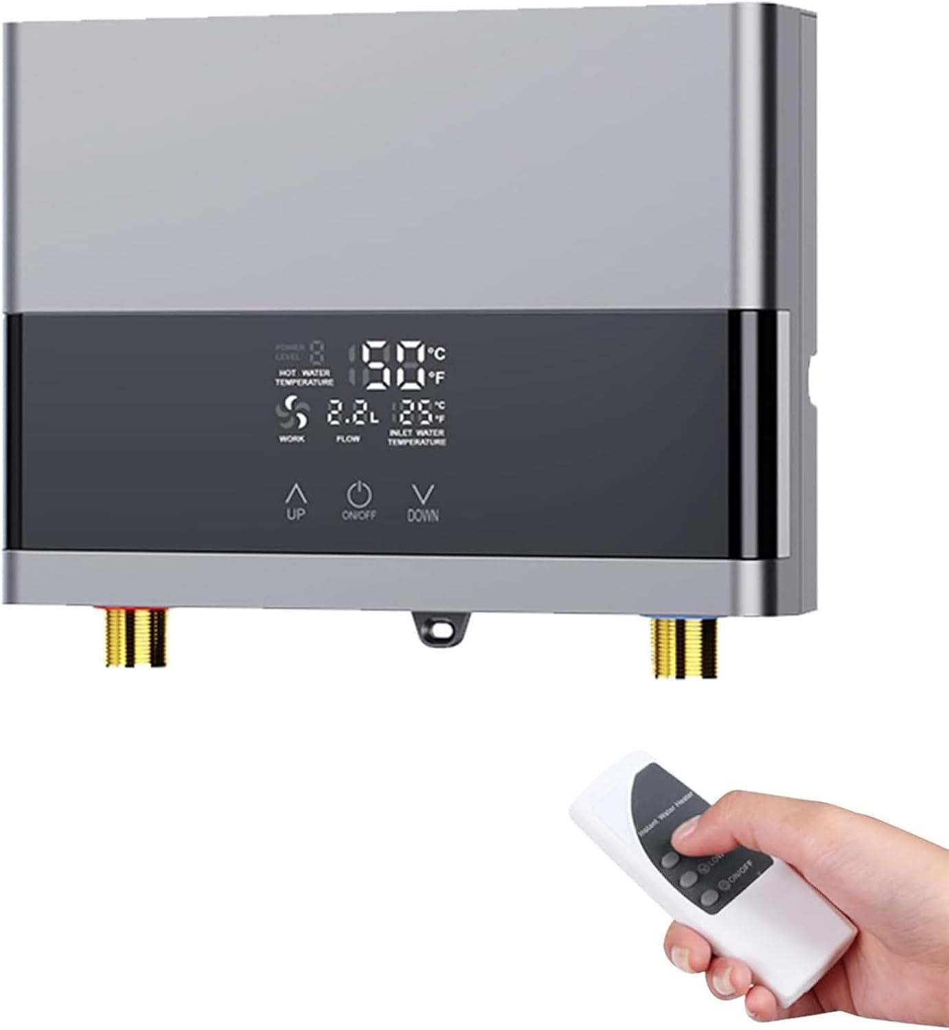 Miniaturowy inwerterowy podgrzewacz wody przepływowy 220 V 6000 W, wyświetlacz LCD temperatury i pilot zdalnego sterowania, srebrny