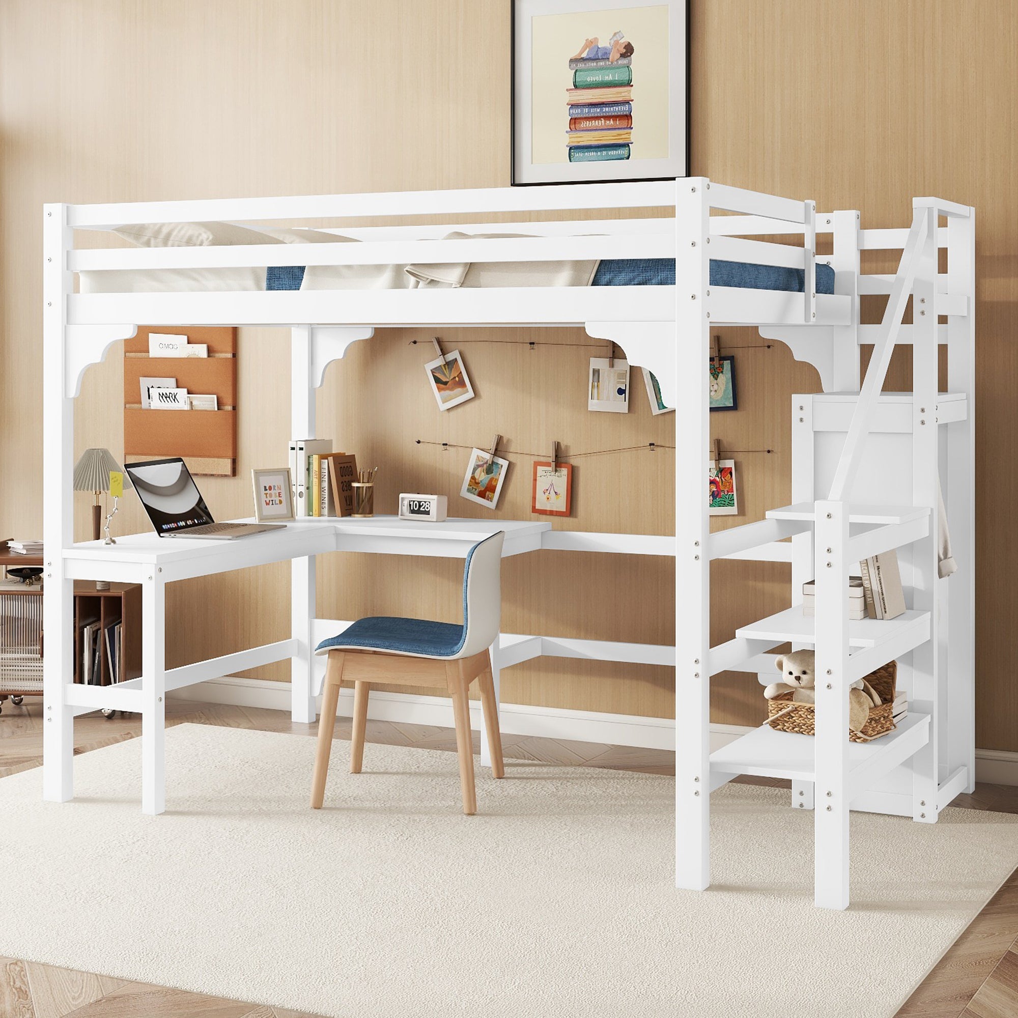 Lit Mezzanine Lit Enfant/Ado 140×200 Cm - Bureau En L & Armoire Ouverte - Échelle De Rangement - Sommier Inclus - Blanc (Sans Matelas) | Leroy Merlin