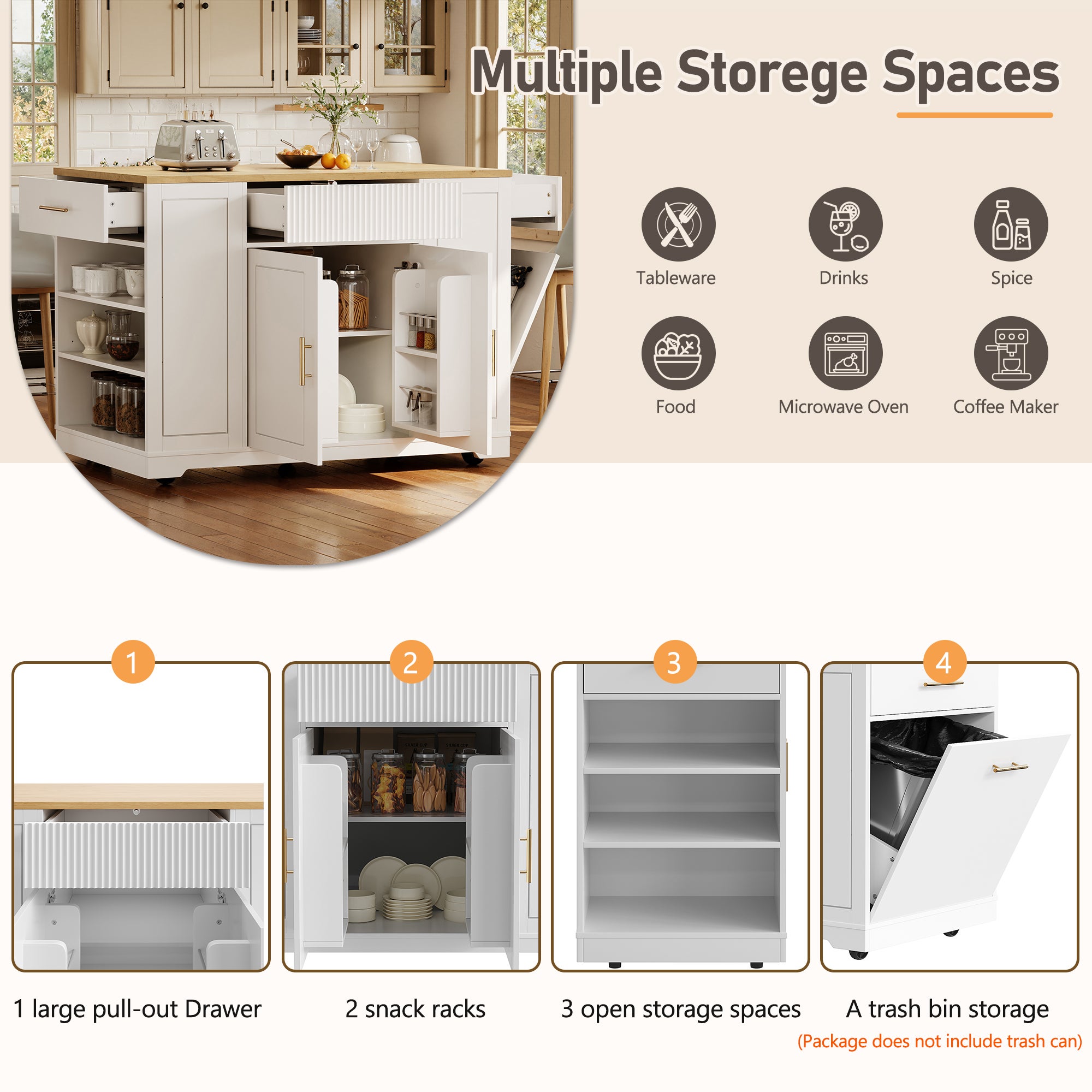 Ilot central de cuisine mobile - 3 portes et 2 tiroirs - étagères ouvertes - avec compartiment poubelle - MDF - Blanc - 6