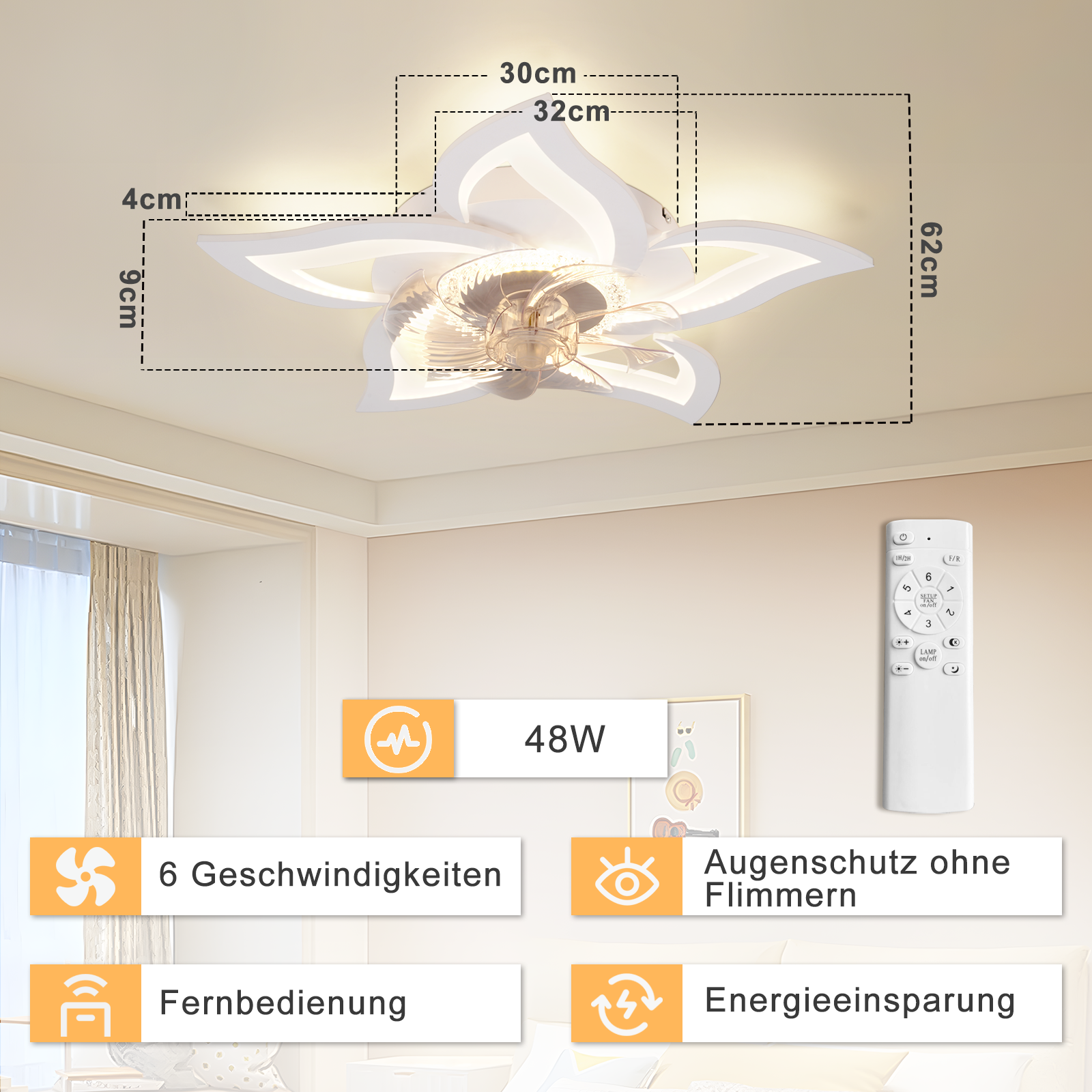 ZMH Wentylator Sufitowy LED 48W z Oświetleniem Bezgłośny Pilot Regulowany 6 Prędkości Timer, do Pokoju sypialnia - 6