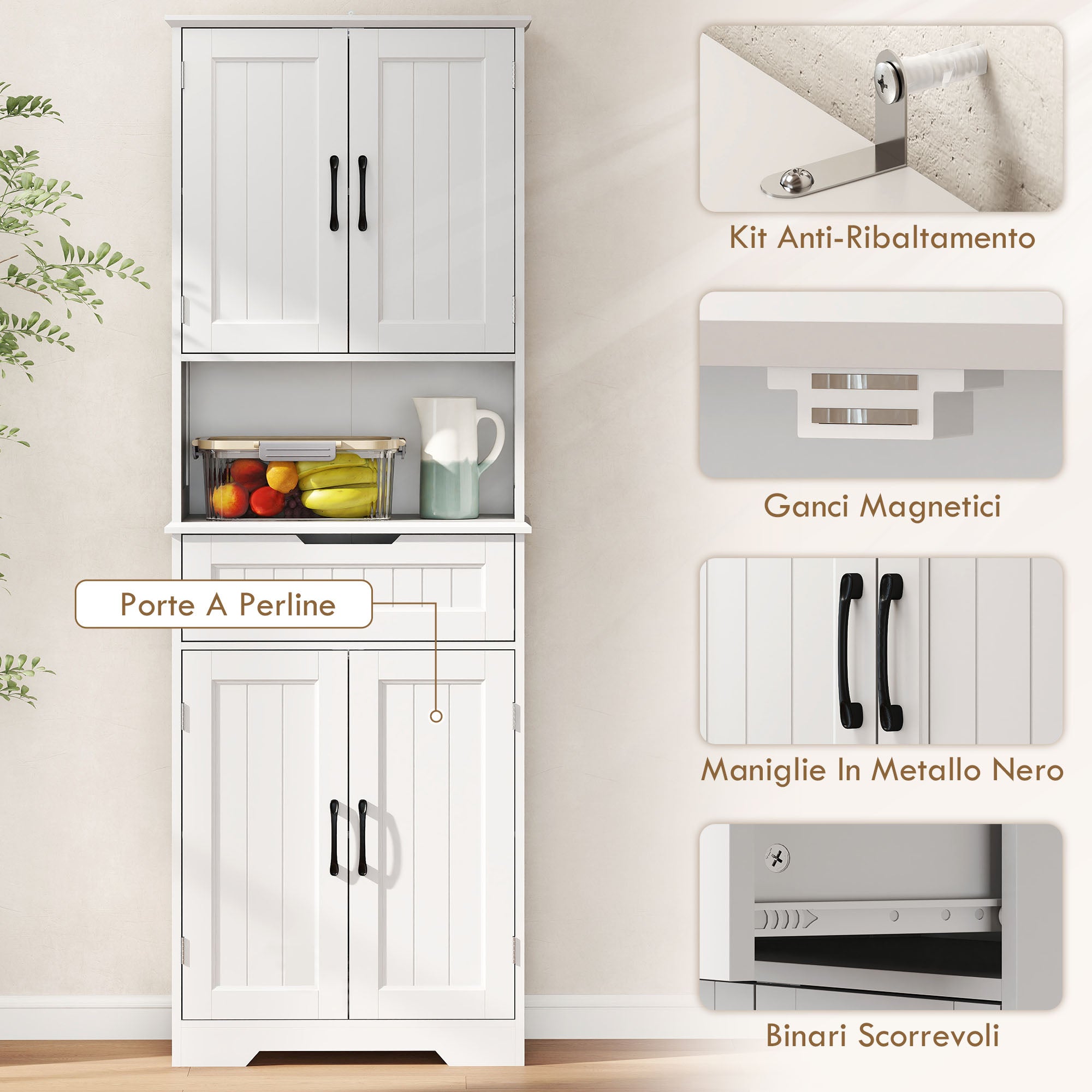 Buffet de cuisine haut, meuble de rangement avec gestion des câbles et support pour micro-ondes, meuble de cuisine à 2 portes, 60 x 30 x 172 cm, blanc - 9