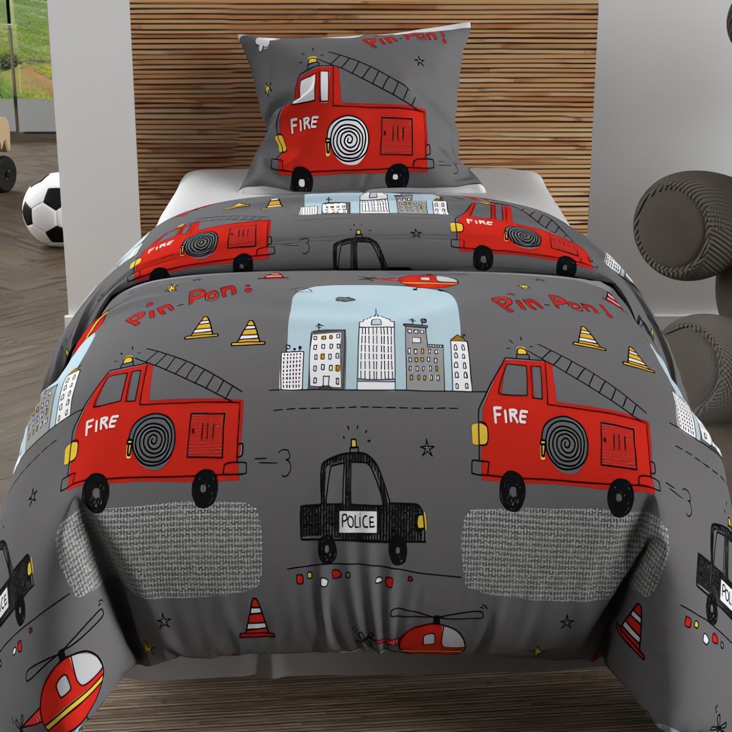 Parure housse de couette 140x200 cm POMPIERS gris, 100% coton 57 fils/cm2, par Soleil d'Ocre - 2