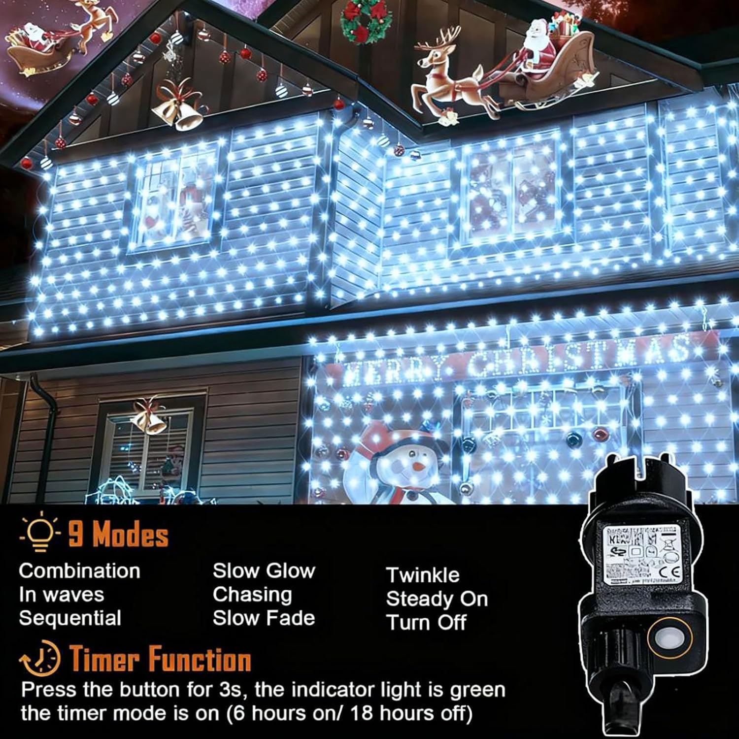 Luci solari a rete, luci a rete impermeabili a 192 LED da 3x2 m, 8 modalità di luci a rete con telecomando, bianco freddo - 5