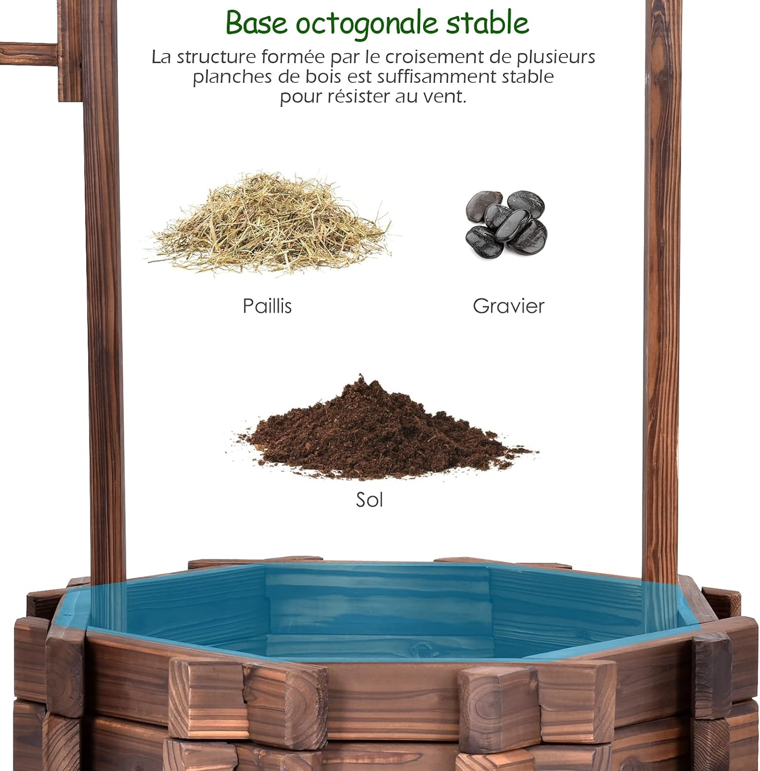 Pozzo Decorativo da Giardino, Fioriera in Legno d'Abete con Pozzo, Secchio e Tetto, Resistente alle Intemperie, Effetto Invecchiamento,57 x 57 x 114cm - 6