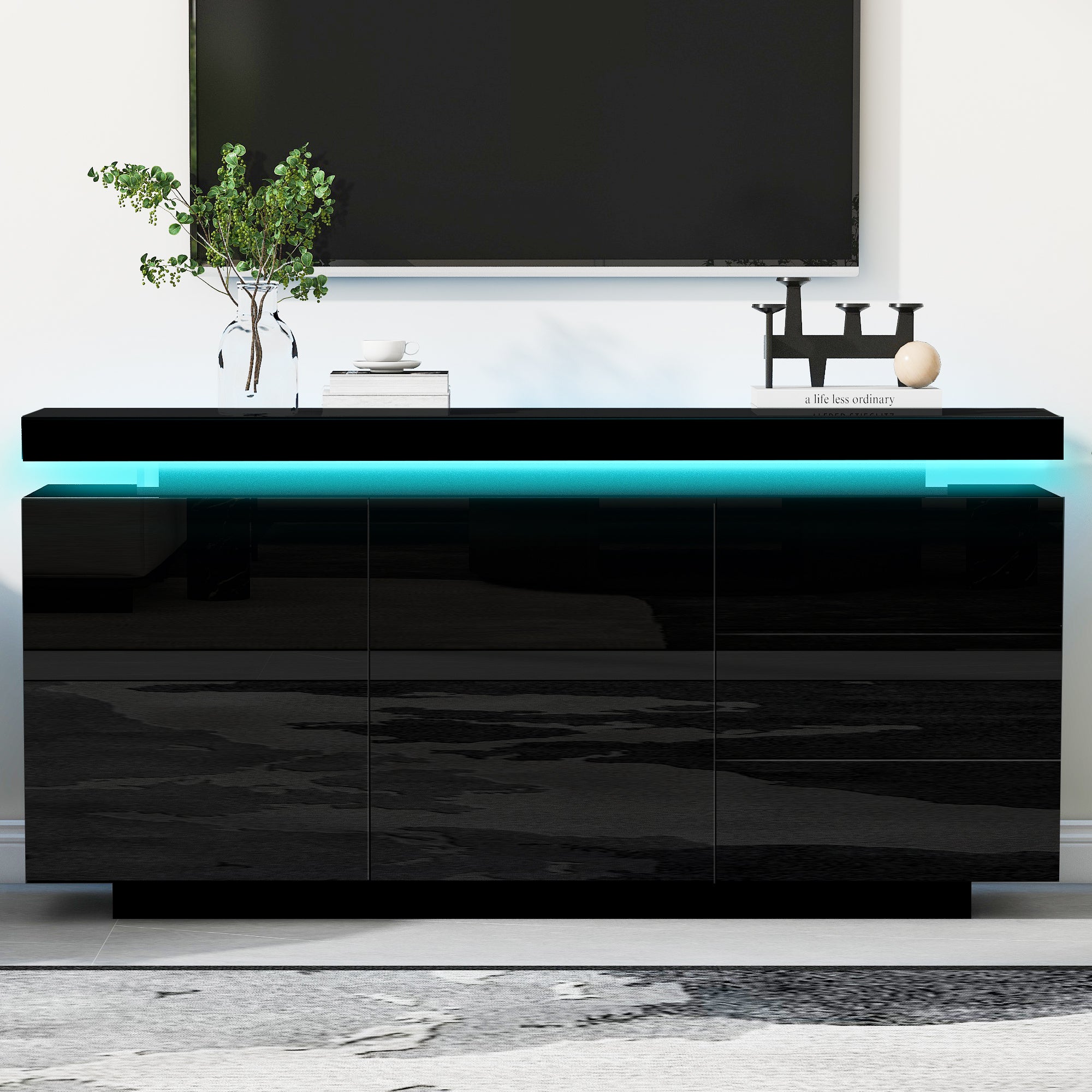 Nowoczesna niska komoda z 2 drzwiami i 3 szufladami - 140 x 35 x 72,5 cm - LED - do salonu - Czarny połysk - 4
