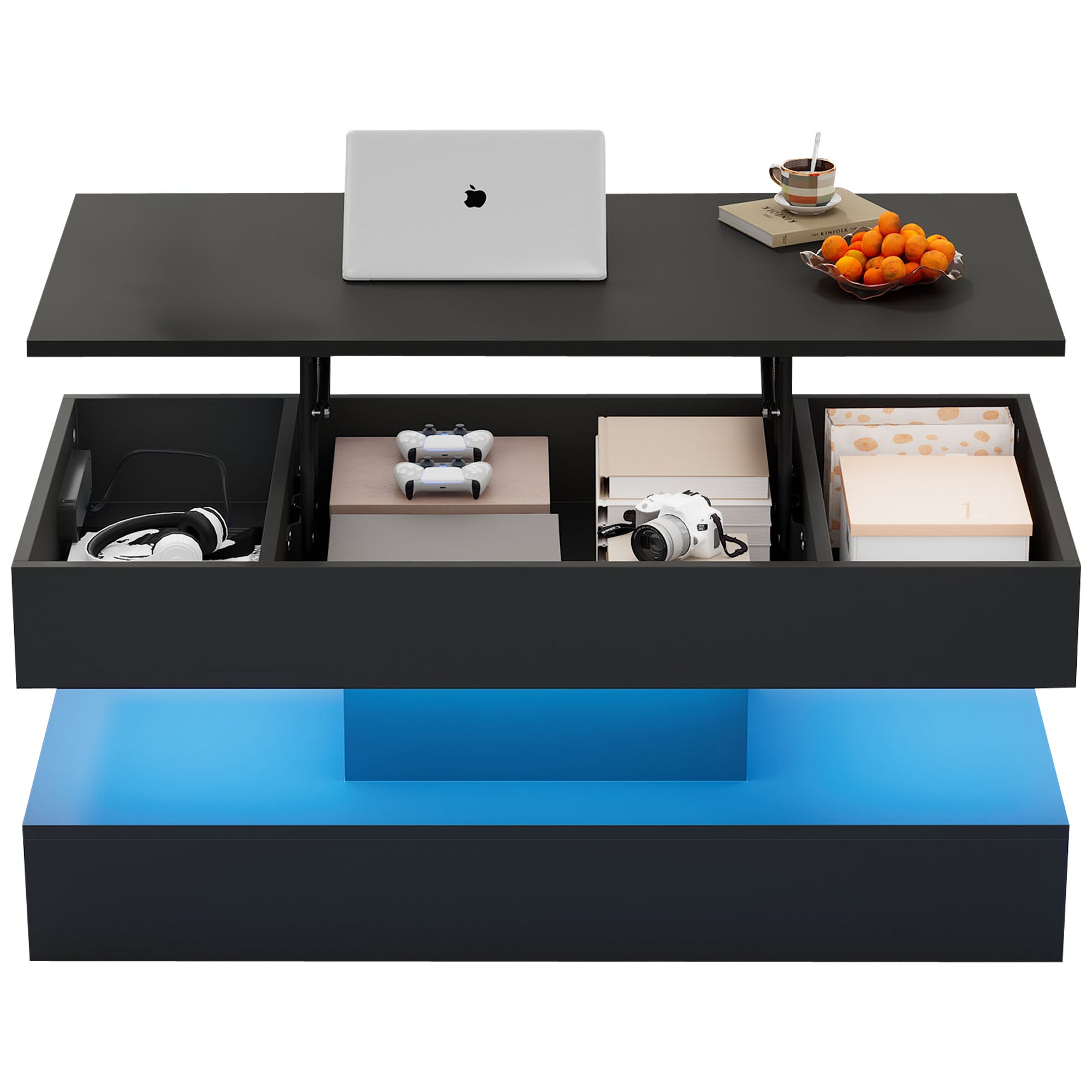 Table basse relevable avec prises USB et cahrge - 100 x 50 x 42 cm - LEDs - Panneau de particules - Noir - 9