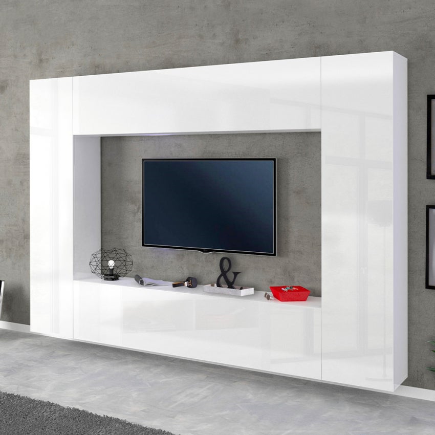 Meuble TV Mural Suspendu Design Moderne – Albanie AN3-17S-M13, Avec Colonnes, Vitrines Et Rangements, Sans LED - 2