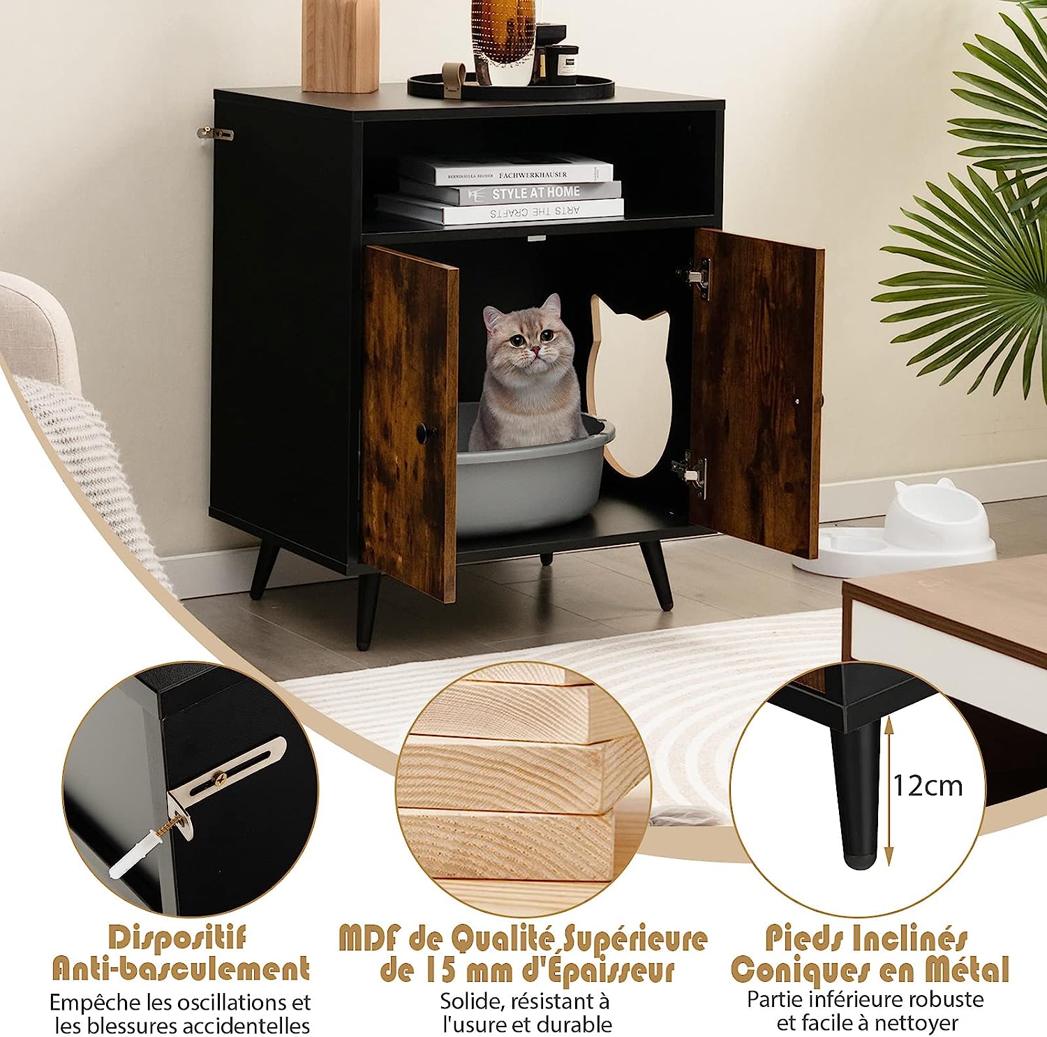 Casa de banho para gatos com portas duplas e 2 prateleiras,60x 45 x 75cm - 4