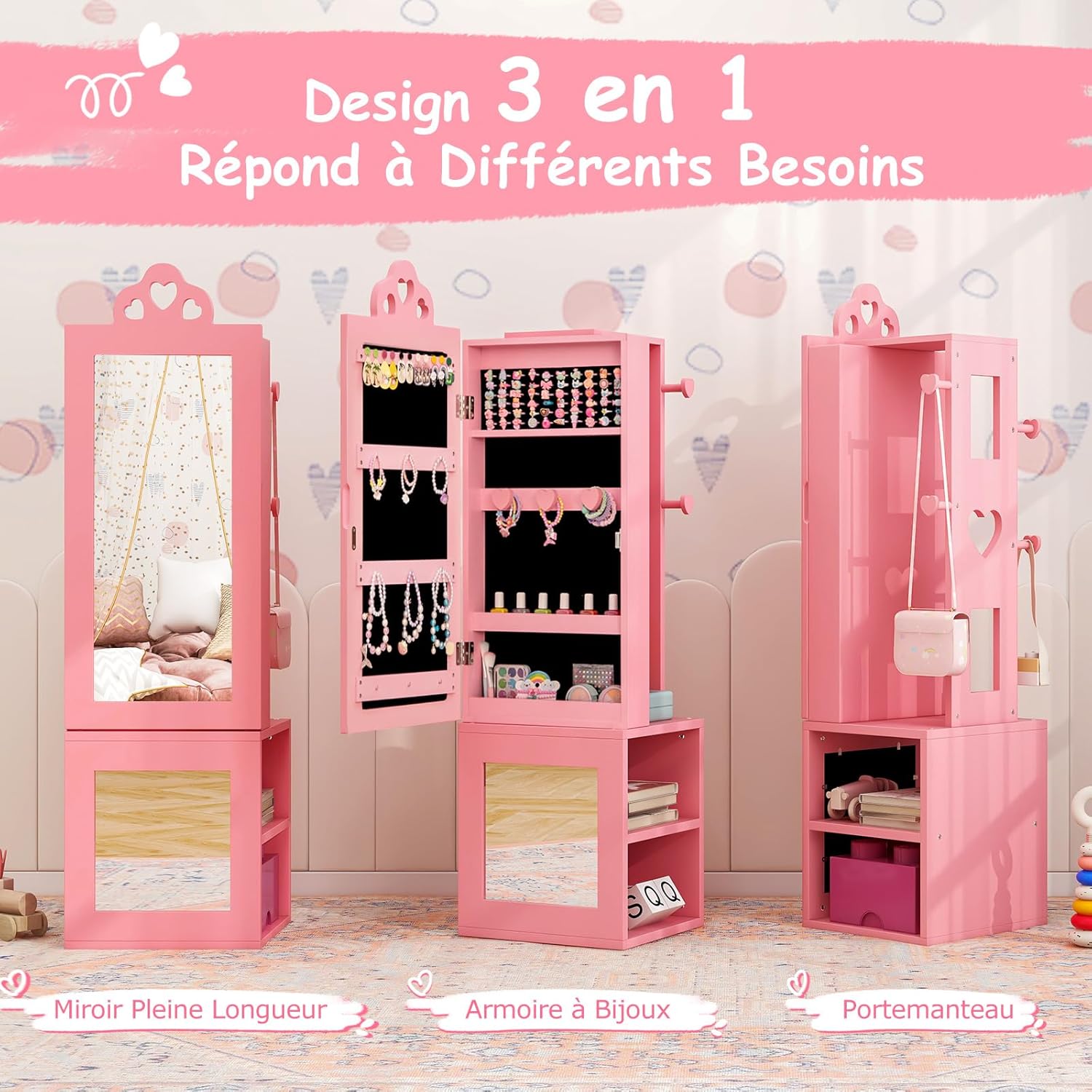 Armadio Portagioie per Bambini, Armadio Porta Abiti 3 in 1 con Specchio a Figura Intera e Appendiabiti, Armadio Organizzatore per Gioielli con - 4