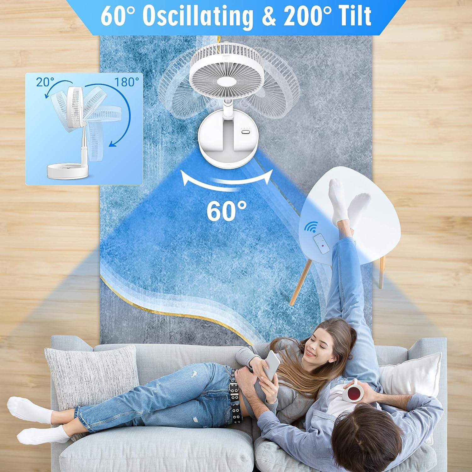 Ventilateur sur pied oscillant pliable avec télécommande, petit ventilateur USB rechargeable, ventilateur sur pied plié - 2
