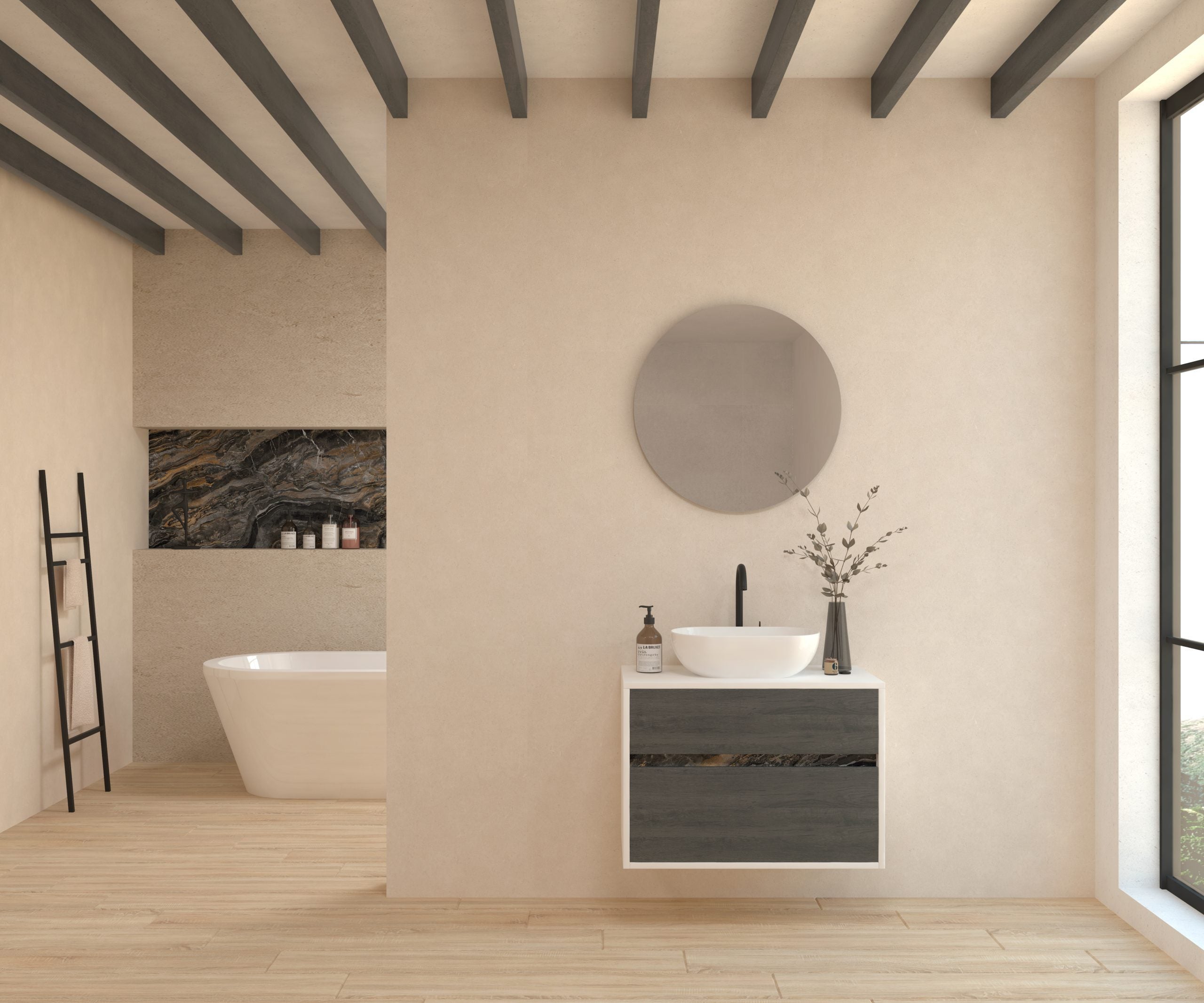 Emene pack con lavabo y espejo circular emboîté xtone orobico dark - azabache 80 cm