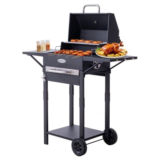 Barbecue Charbon de Bois, Surface de Cuisson: 45×32 cm, Grille Principale Émaillée, Grille de Maintien au Chaud HOMAVO