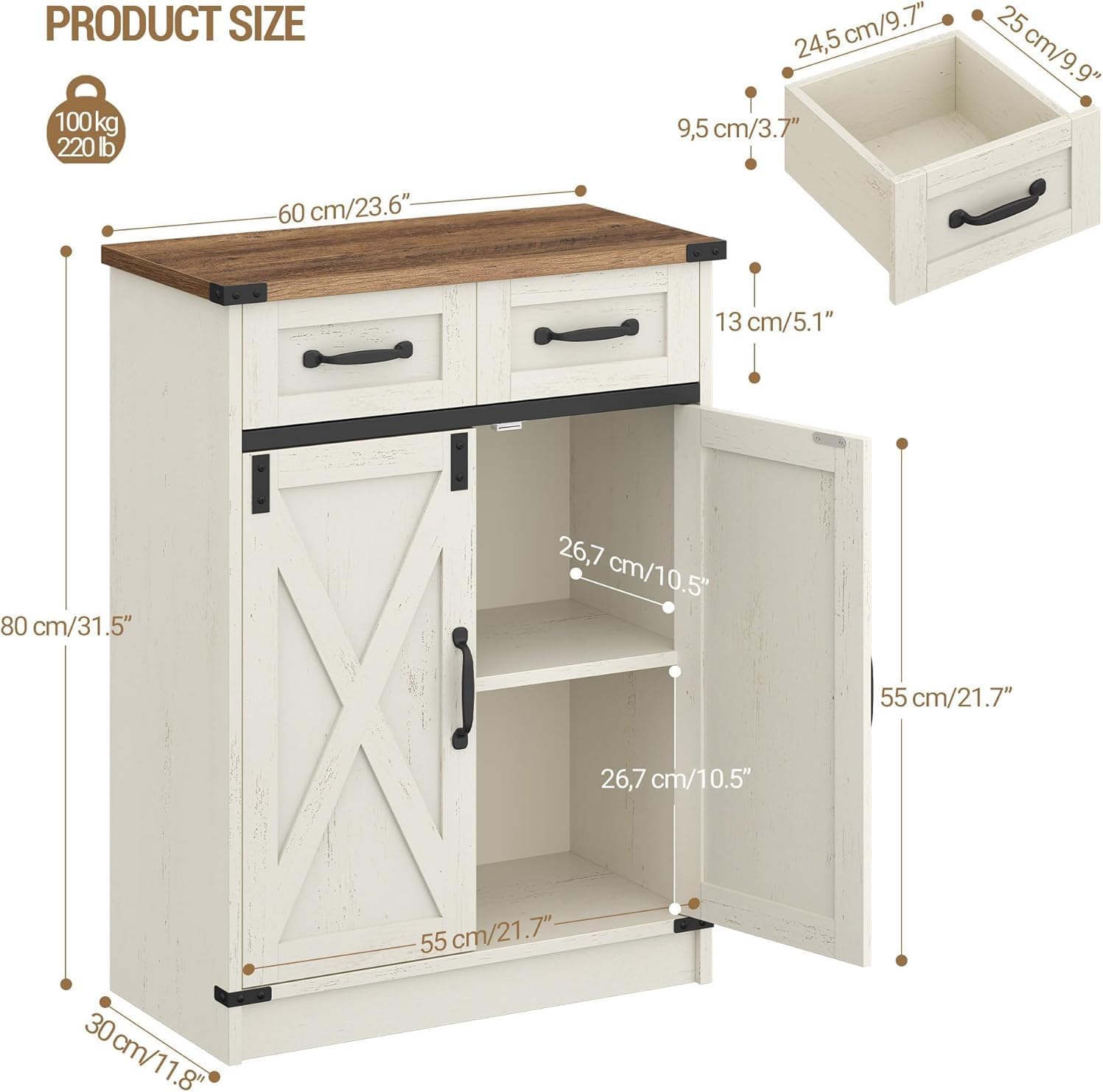 Meuble de Salle Bain, Meuble de Rangement avec 2 Tiroirs, Armoire de Salle Bain avec 2 Portes, Étagère Réglable,Blanc Rustique et Marron Miel - 8
