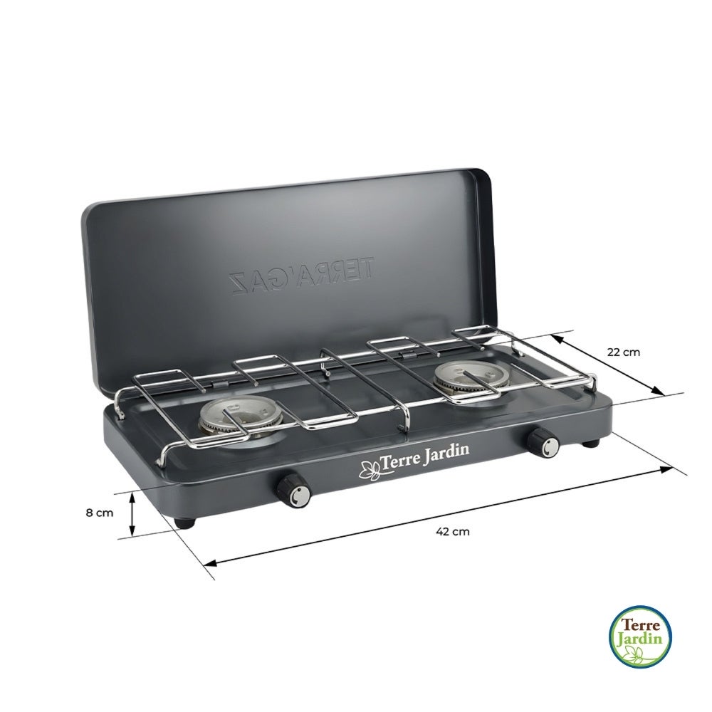 Réchaud de camping 2 feux gaz anthracite 42 × 22 cm avec couvercle pliable Terragaz - 6