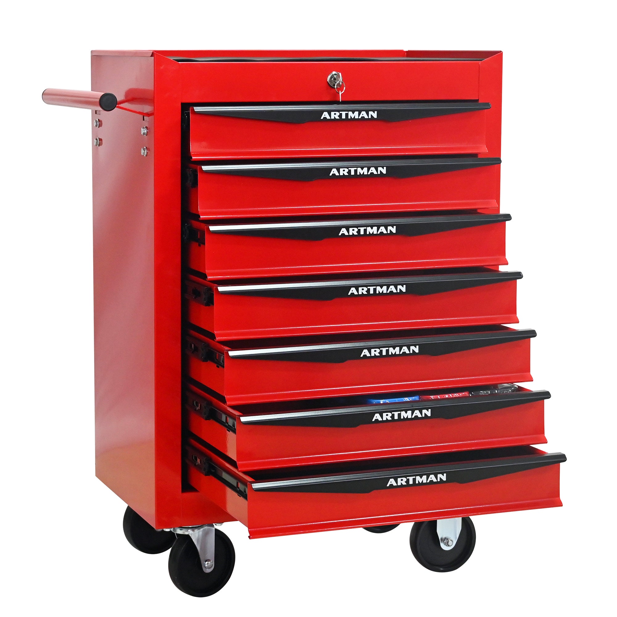 Coffre à outils roulant en métal à 7 tiroirs, armoire à outils pliable en 7 parties avec glissières à billes, organisateur d'outils en acier - 9