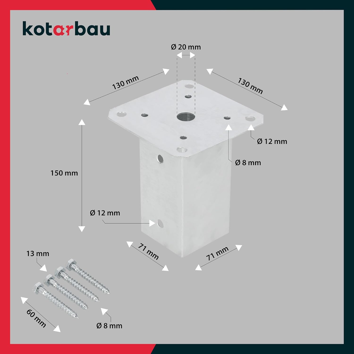 Support de Poteau à Fixer 70 x 70 mm en Acier Galvanisée - Pied de Poteau Carré - KOTARBAU - 3