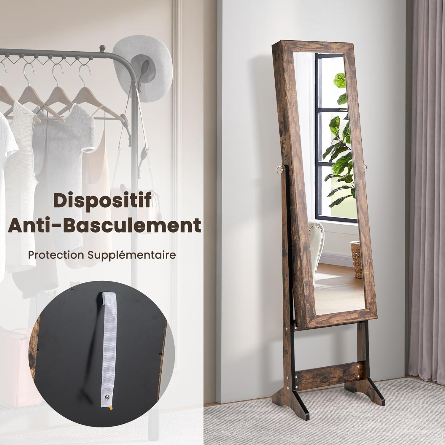 Armoire à Bijoux sur Pied avec Miroir Inclinable en 3 Positions, Convient pour Salon, Chambre et Porche (Marron Rustique) - 6