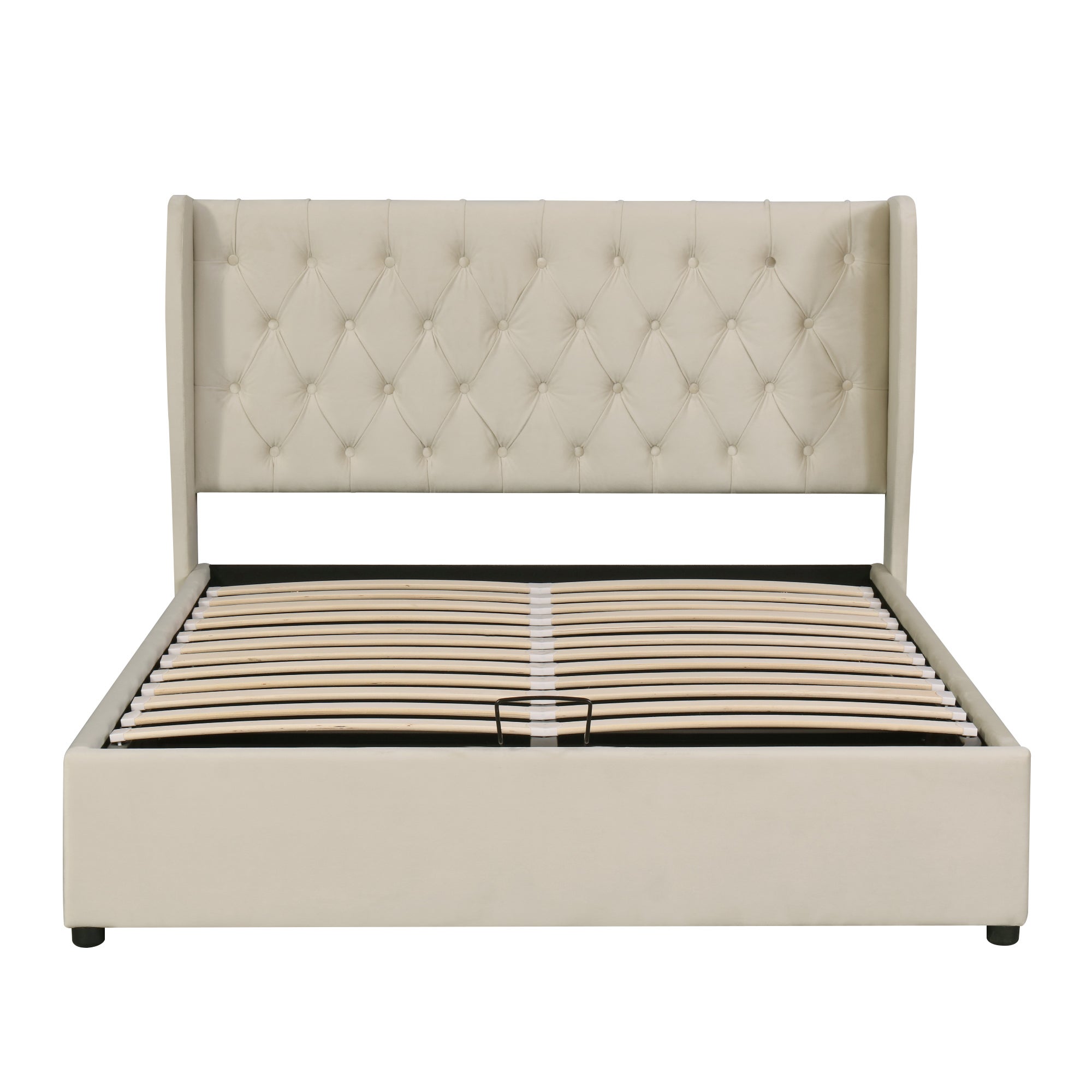 Lit Coffre Lit Adulte Double 140x190 cm - Sommier à Lattes - Rangement en Dessous - Velours Beige (Sans Matelas) - 4