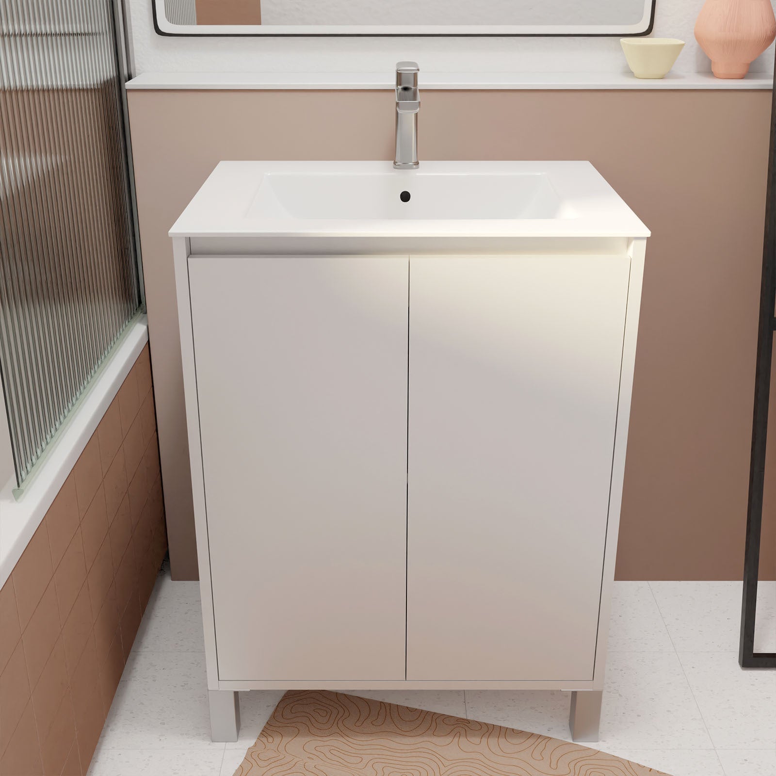 Pack Meuble Salle de Bains 60cm Laqué Blanc 2 portes avec Vasque Céramique Blanche - XENOS - 5