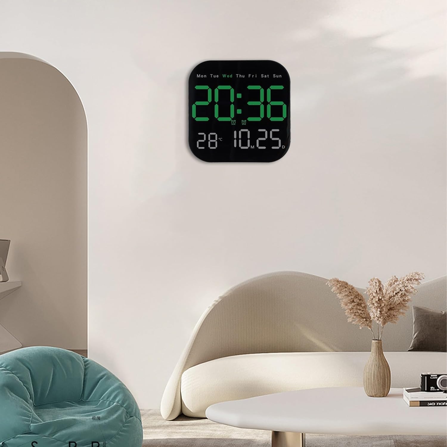 Reloj de pared digital LED grande con control remoto, temperatura, fecha y día de la semana (verde) - 5