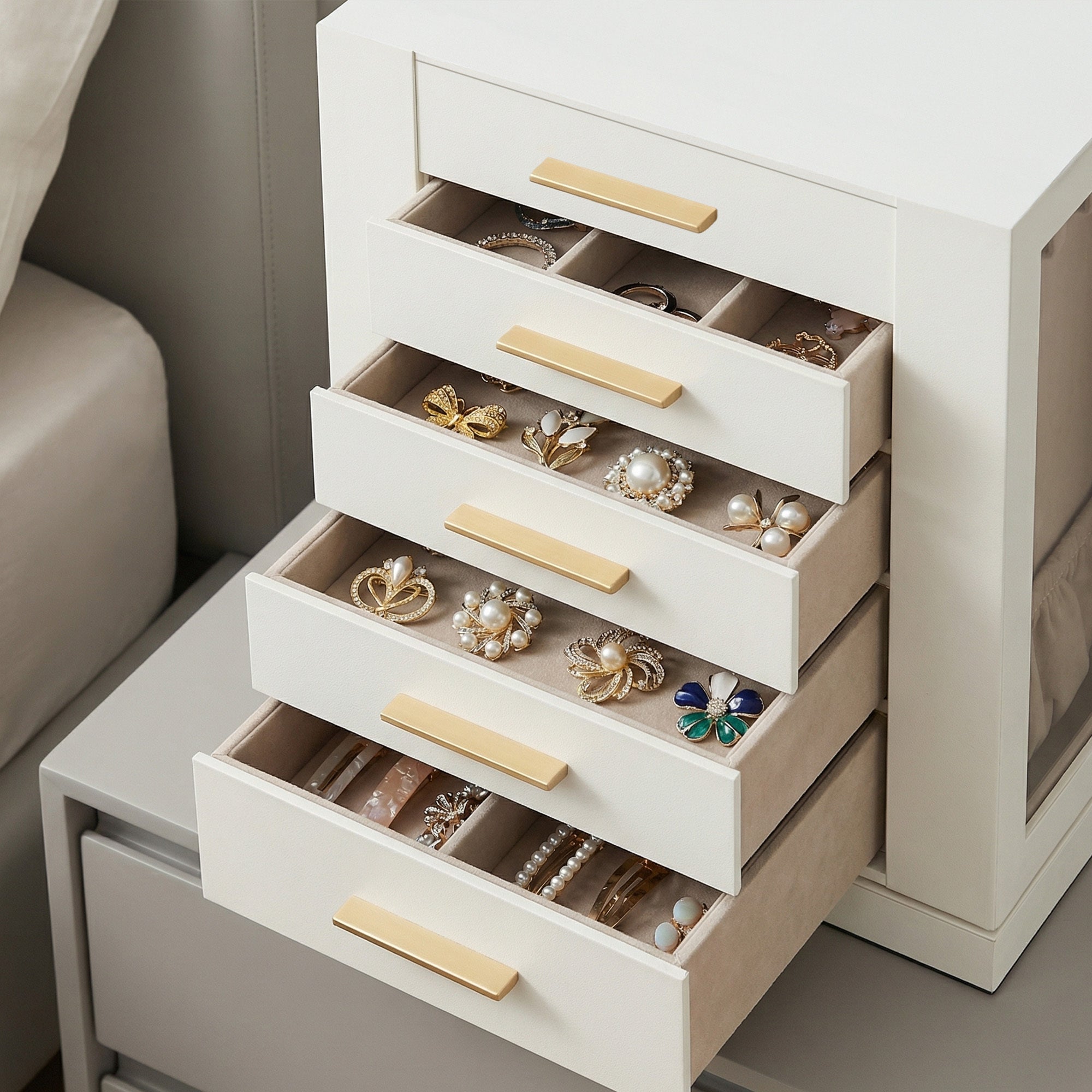 Boîte à Bijoux Rotative à 360°, Coffret de Rangement avec 5 Tiroirs, Fenêtre en Verre, Spacieux, Idée Cadeau, Blanc - 7
