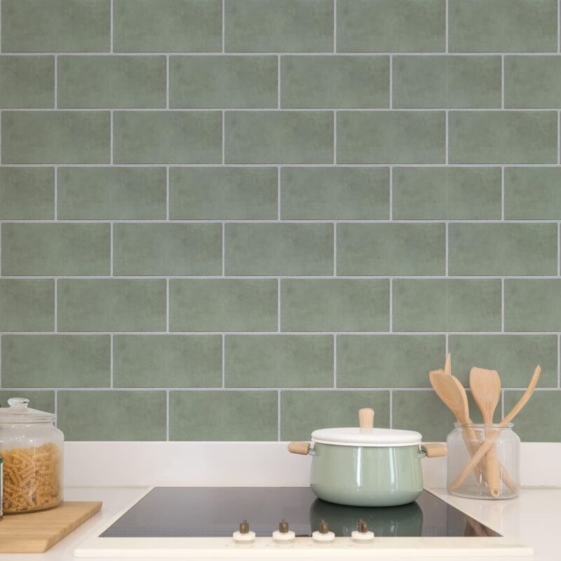 Autocollants pour carrelage mural et sol, autocollants antidérapants pour cuisine et salle de bain, vert sauge, 30 x 15 cm, lot de 12 pièces - 3