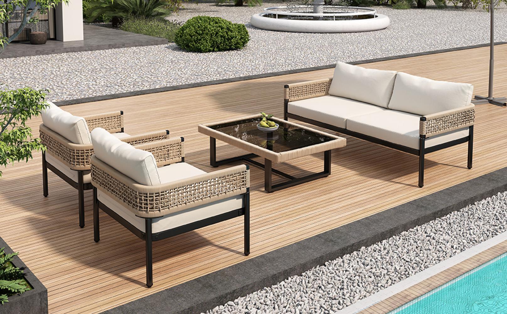 Set de salon de jardin avec canapé 2 places, deux fauteuils, table en verre, corde tressée et coussins inclus pour extérieur - 7