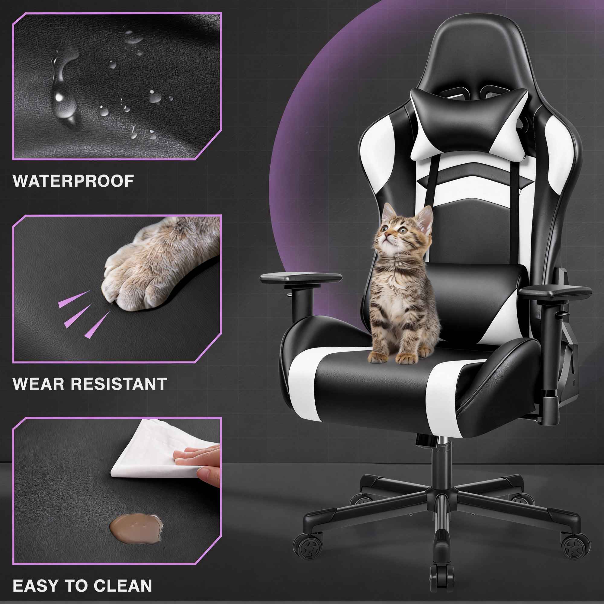 Chaise Gaming Ergonomique Noir et Blanc, Dossier Réglable 90°-155°, Assise à Ressorts, Revêtement PU Imperméable, Soutien Complet - 4
