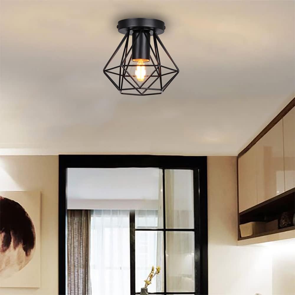 Plafonnier industrielle cage en métal fer forge, retro suspension luminaire lustre style vintage lampe de plafond, E27 base Ø16cm - Noir - 2