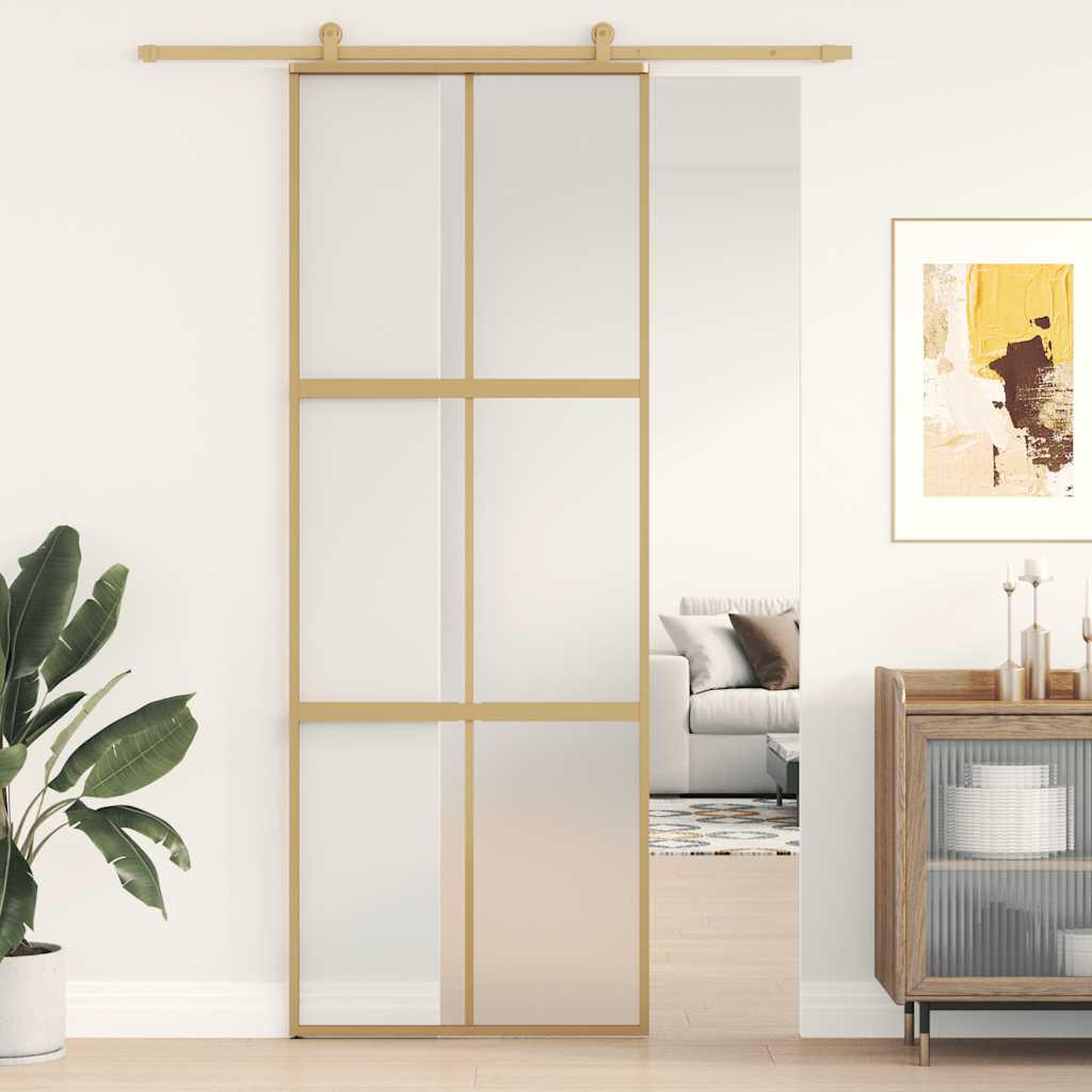 Puerta corredera dorada de 76x205 cm con cristal esg esmerilado y aluminio.