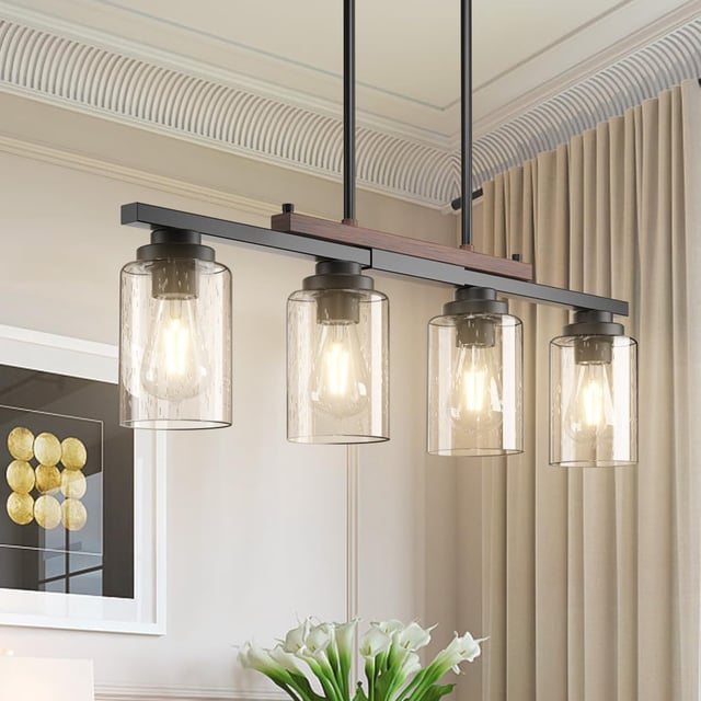 Lampa wisząca do jadalni, lampa wisząca ze szkła i metalu do kuchni, lampa wisząca vintage z 4 źródłami światła i kloszem E27