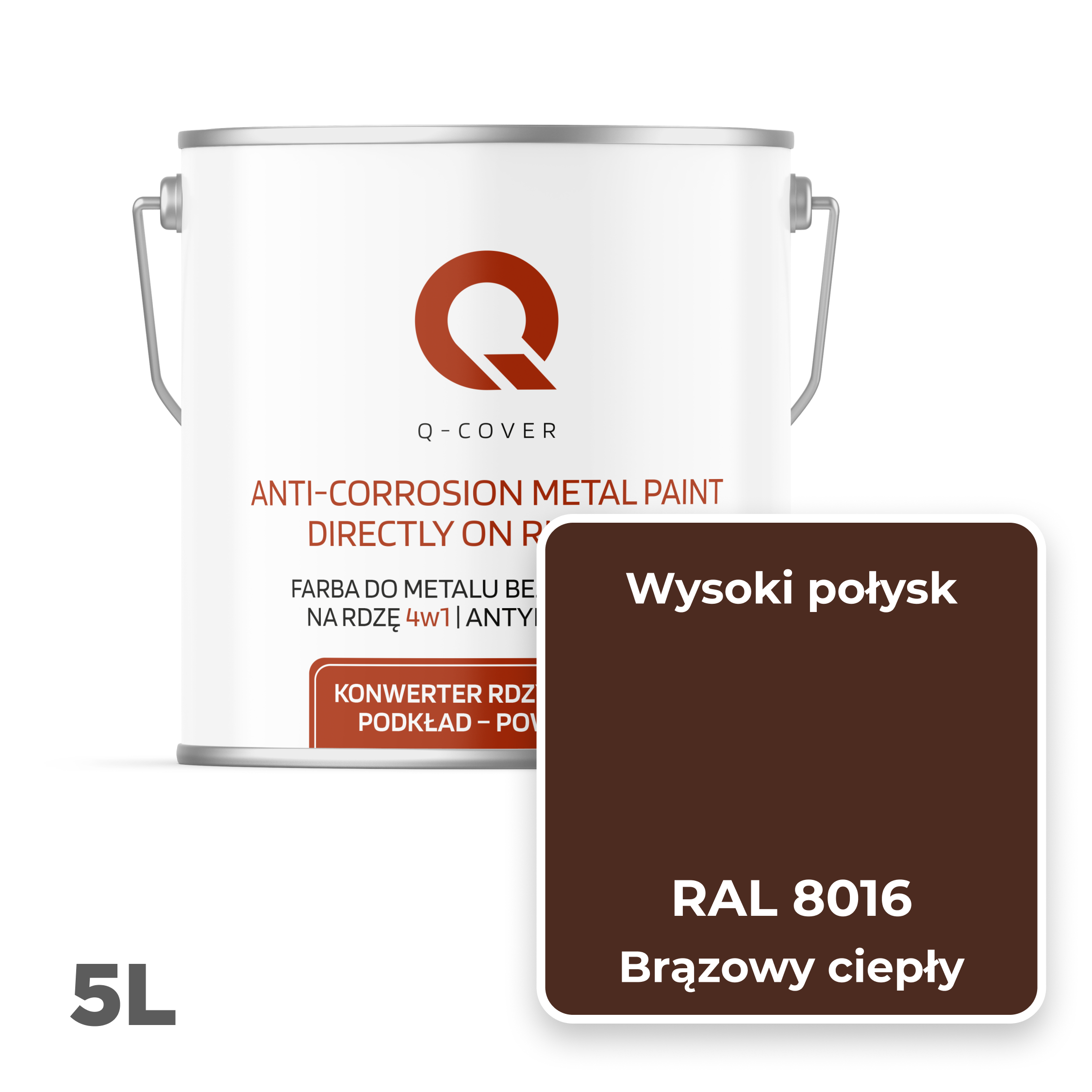 Farba do Metalu Prosto na Rdzę 4w1 Q-Cover Brązowy ciepły RAL8016 Wysoki Połysk 5L - 2