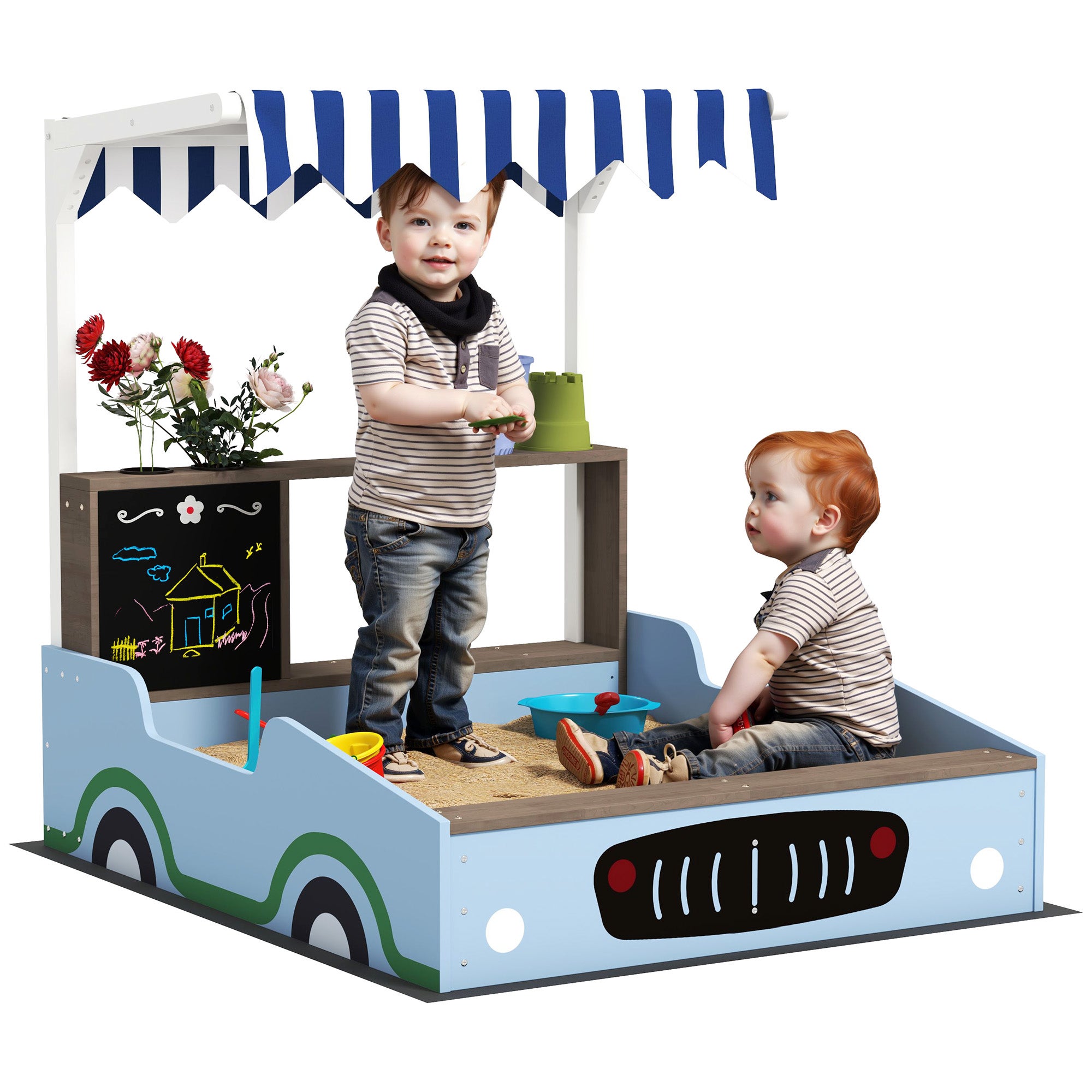 AIYAPLAY Arenero Con Techo Y Banco, De Madera De Abeto, Con Pizarra Y Jardineras, Diseño De Tienda Para 2 Niños De 3 A 7 Años, Protección UV, Azul