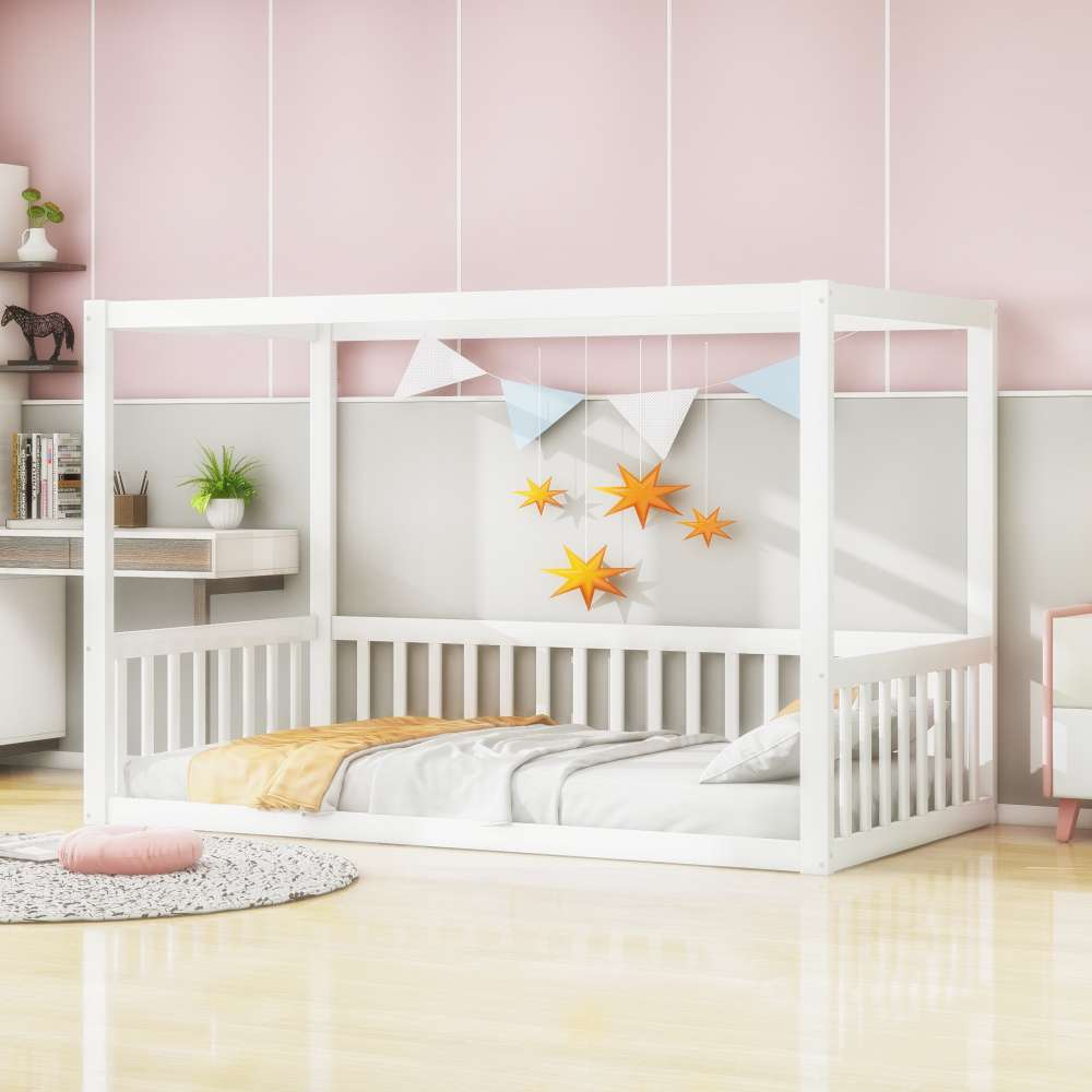 Kinder-Standbett 90x200 cm Massivholz Himmelbett für Kinder Jugendliche Bodengleich Sicher &amp; Robust