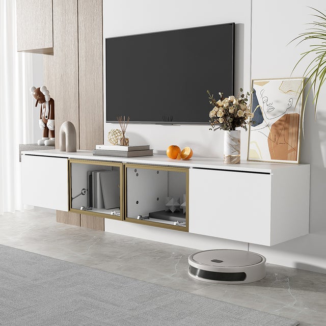 Meuble TV de 170 cm montage sur pied ou mural 4 portes 2 portes vitrées montage polyvalent parfait pour le salon blanc