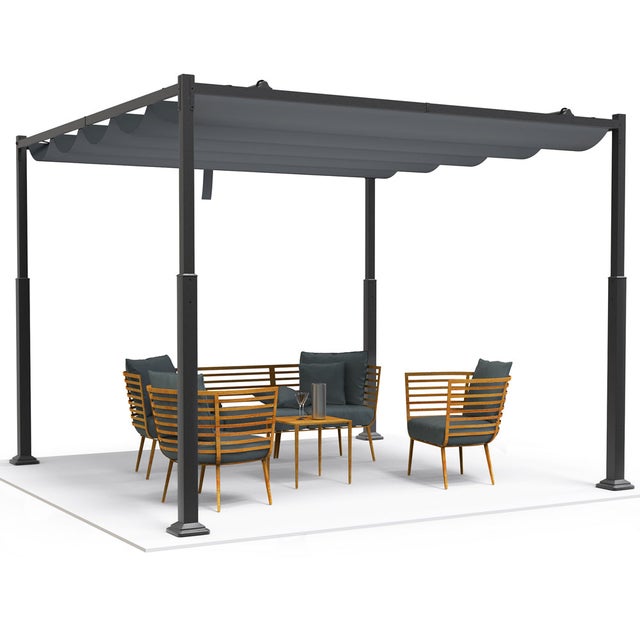 VOUNOT® Gazebo Pergola 3x3m con Tetto a Scomparsa, Pergolato da Giardino Tessuto in Poliestere, Grigio