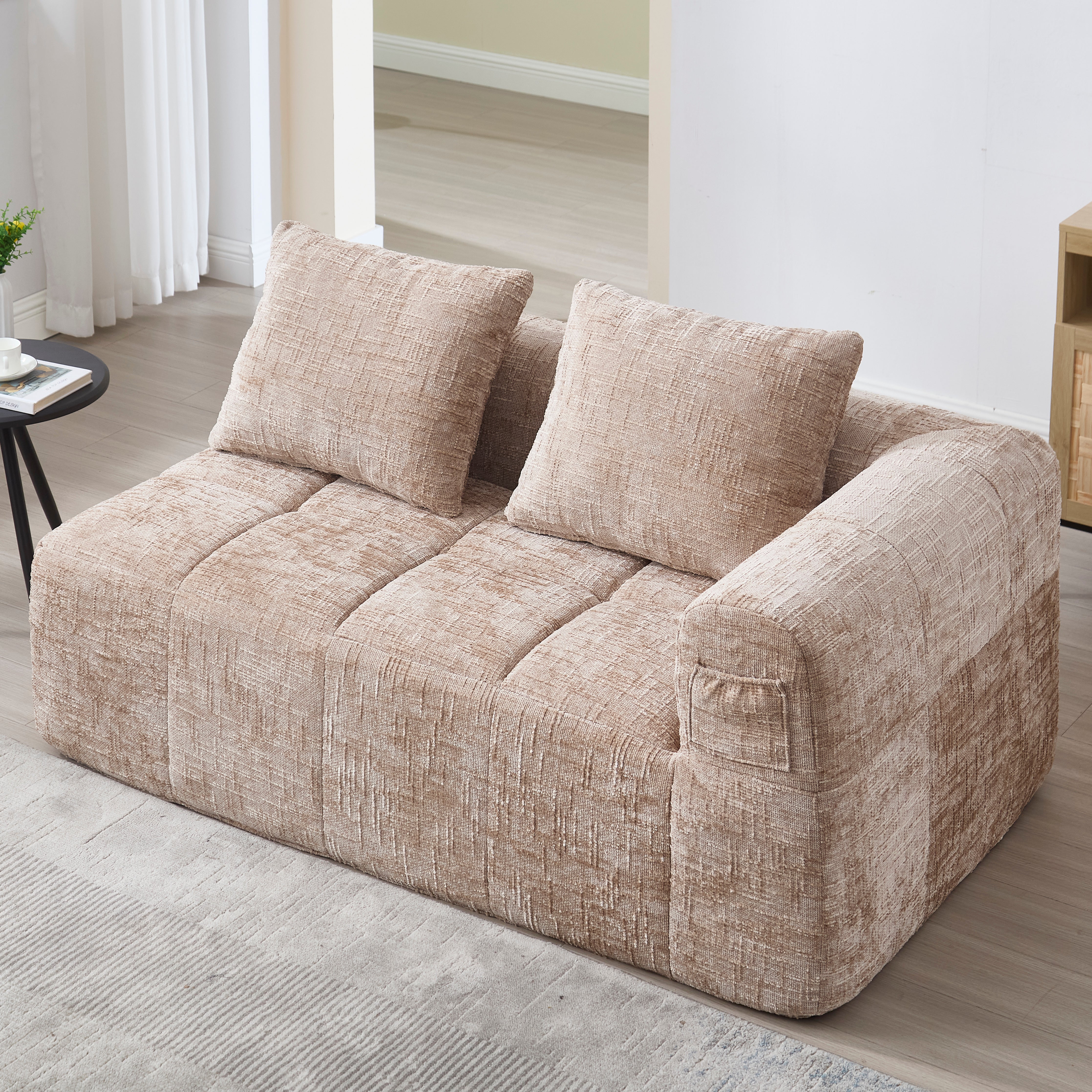 Sofa 2-osobowa z 2 poduszkami i kieszenią boczną - 158 x 90 x 60 cm - Tkanina Chenille - Kolor khaki