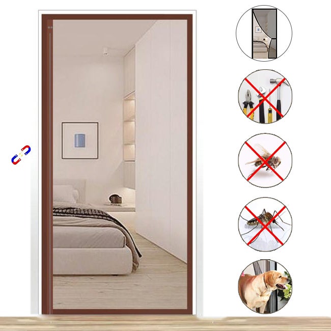 Zasłona drzwiowa przeciw owadom z magnesami i taśmami samoprzylepnymi, magnetyczna moskitiera na drzwi, brązowa, 100 cm x 220 cm