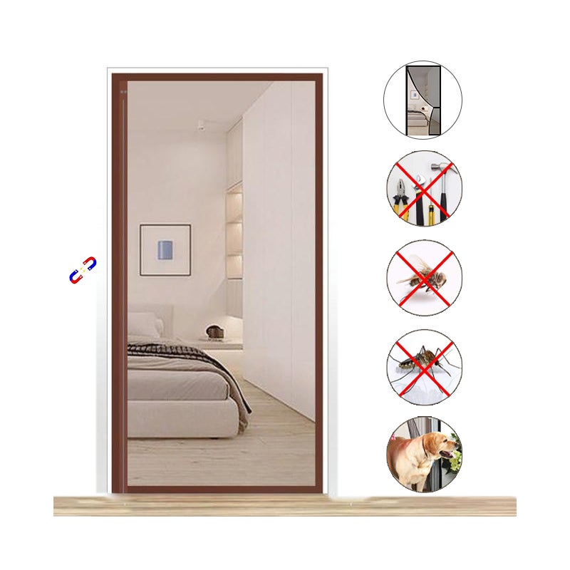 Zasłona drzwiowa przeciw owadom z magnesami i taśmami samoprzylepnymi, magnetyczna moskitiera na drzwi, brązowa, 100 cm x 220 cm