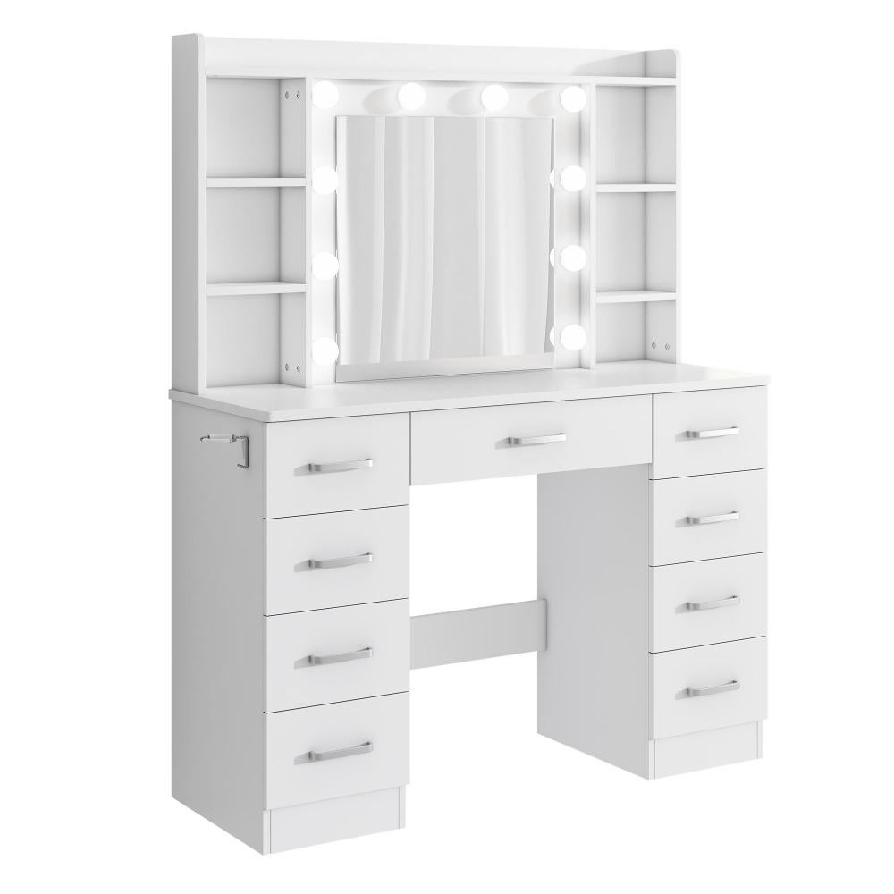 Coiffeuse Blanche 110×40×145 cm avec Miroir LED 10 Lumières, USB, Sgabello et Support Sèche-Cheveux - 8