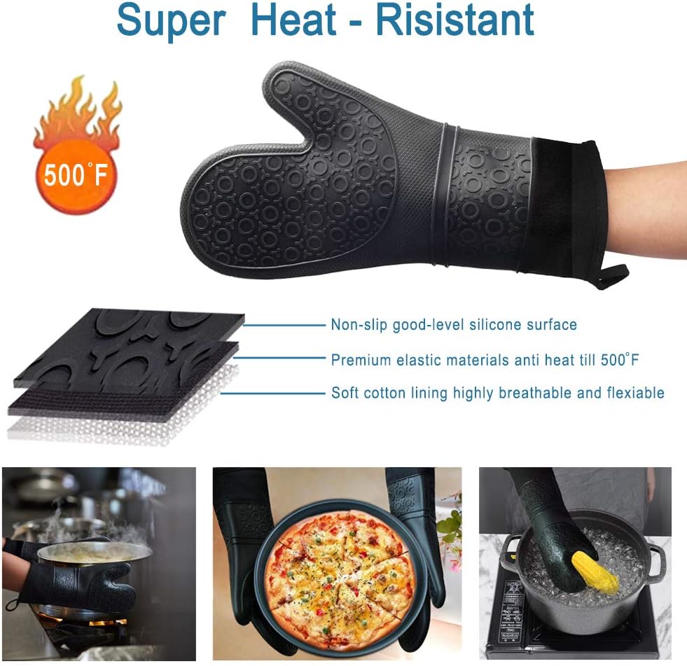 Gants de cuisine professionnels, maniques en silicone, 1 paire de gants résistants à la chaleur, rallonges pour pizza et cuisine (noir) - 2