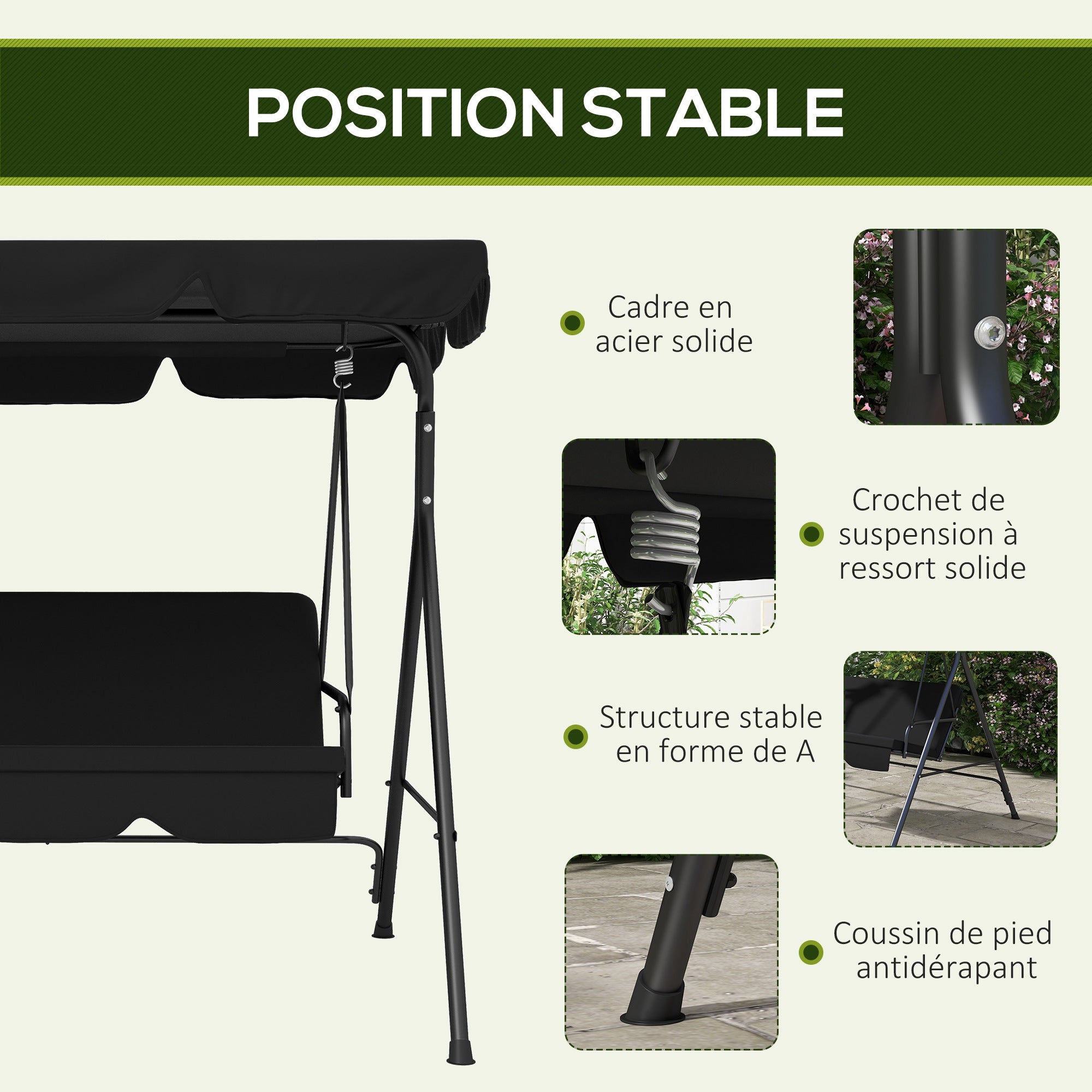 Balancelle de jardin acier 3 places Outsunny noir - 5