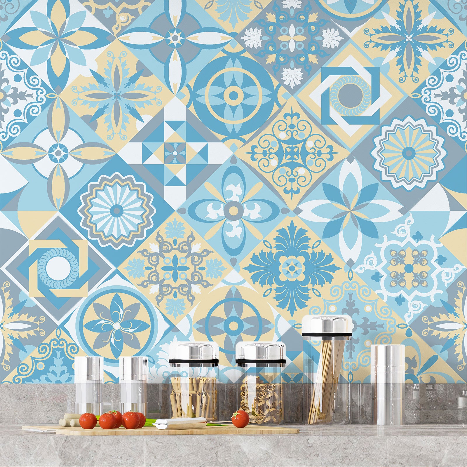 Crédence adhésive sticker décoratif pour cuisine - Effet carreaux de ciment - Adhésif MAT - 60x60 cm - 4