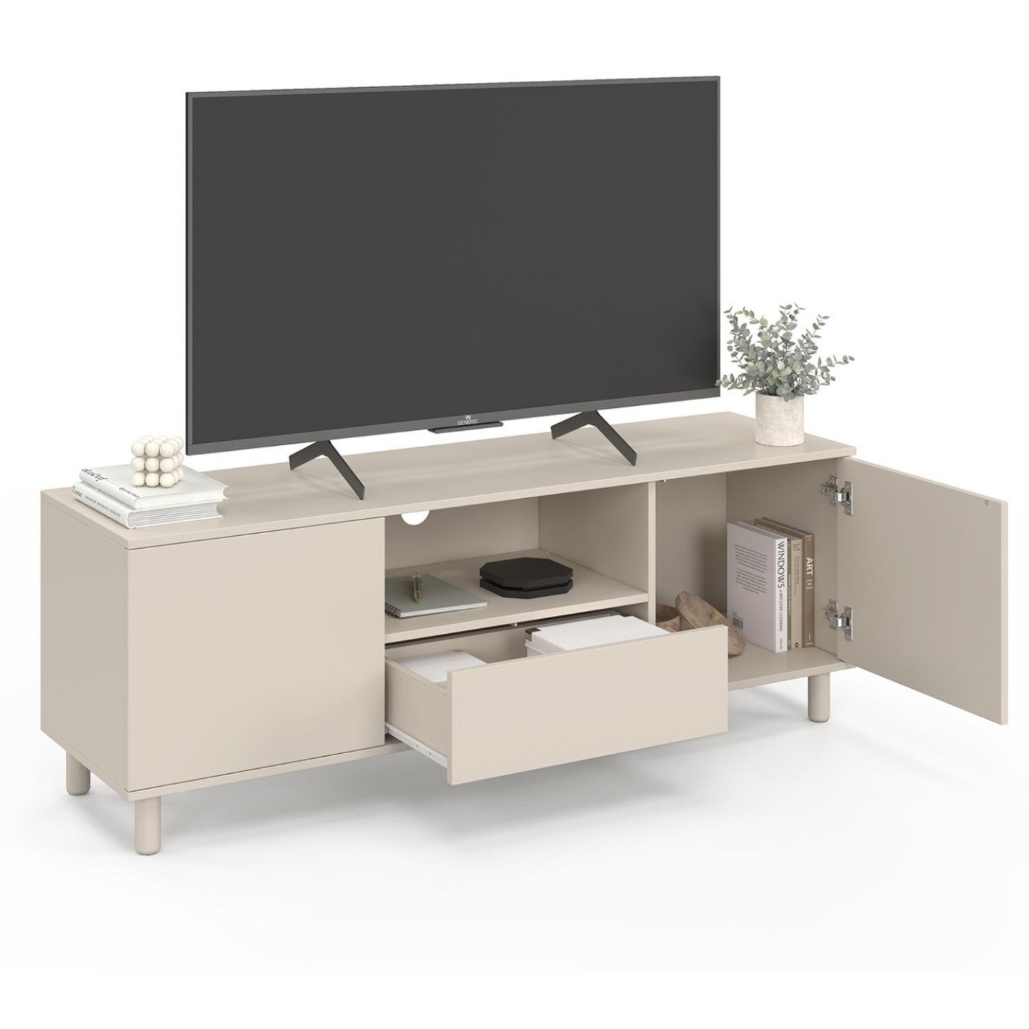 Meuble TV 140 cm BERTILLE 2 portes avec tiroir bois beige - 4