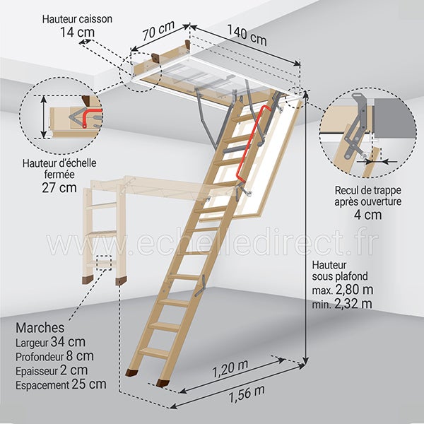 Echelle escamotable bois - Trémie de 70 x 140cm - Hauteur de 2.32 à 2.80m - LWZ70140-2 - 2