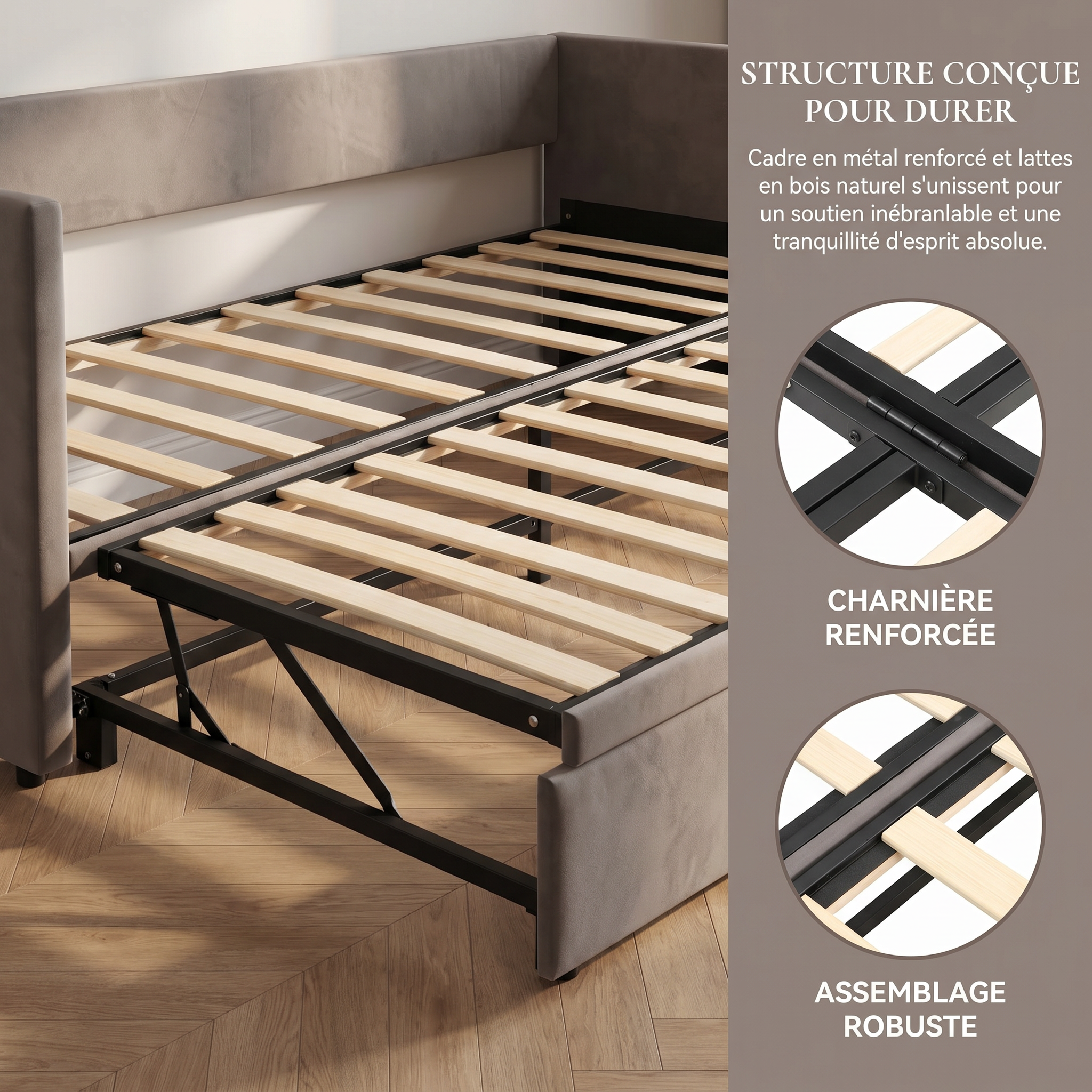 Canapé-lit extensible 90/180 x 200cm 2 Places, canapé convertible rembourré avec sommier à Lattes, velours, gris, sans matelas - 6