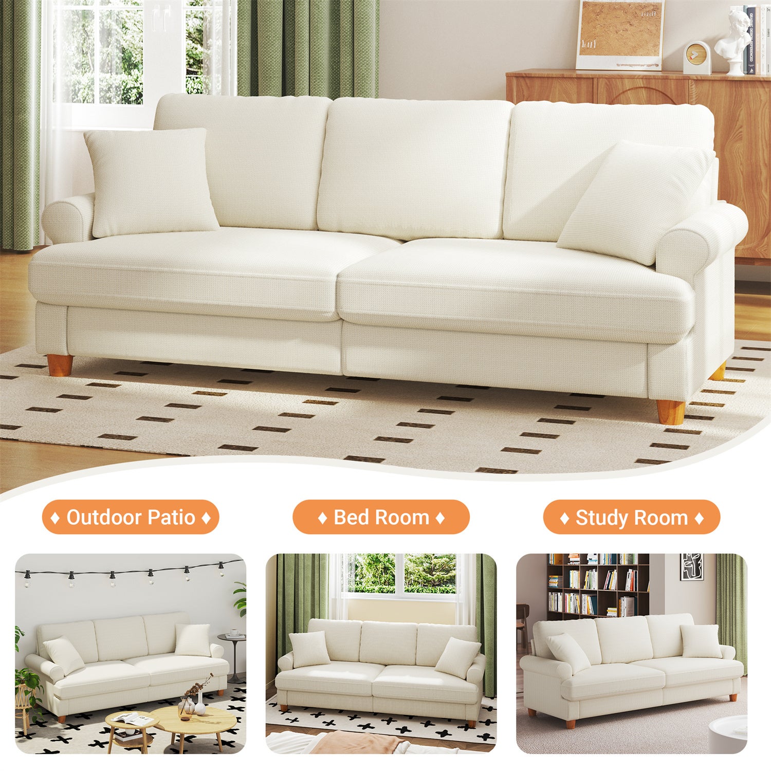 Grand Canapé 3 Places en Chenille Beige avec accoudoirs,coussins et oreillers,Canapé Scandinave pour le salon,220×74×86cm - 4
